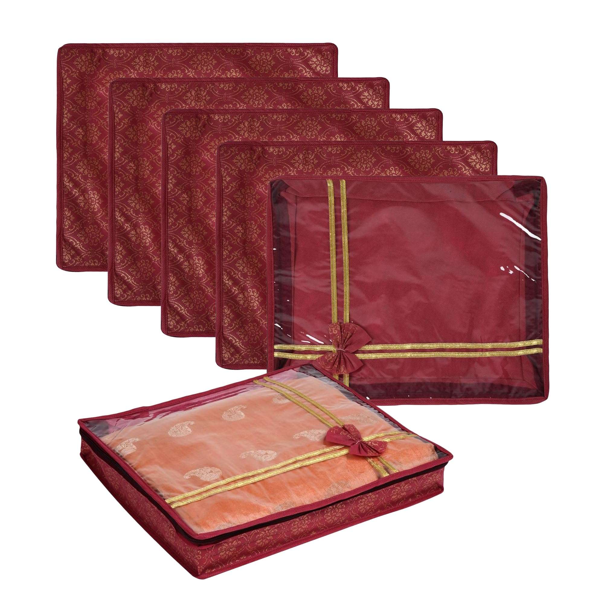 Kuber Industries polyester Pack of 6 Saree Cover|Cloth Packing Bags with Zip|Dress Pouches for Storage|Suit Bags for Women|Saree Organizer for Wardrobe|Bow Golden Printed|3 Inch|Maroon