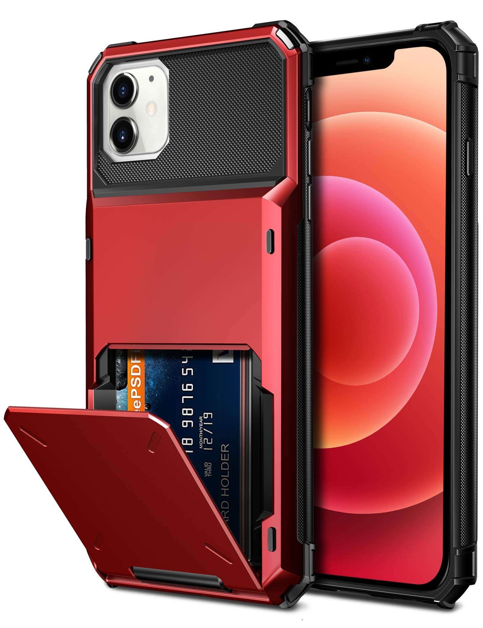 Vofolen Compatible with iPhone 12 Mini Case 5G Wallet 4-Card Slot Credit Card Holder Flip Door Hidden Pocket Anti-Scratch Dual Layer Hybrid TPU Bumper Armor Protective Hard Shell Cover Red 1
