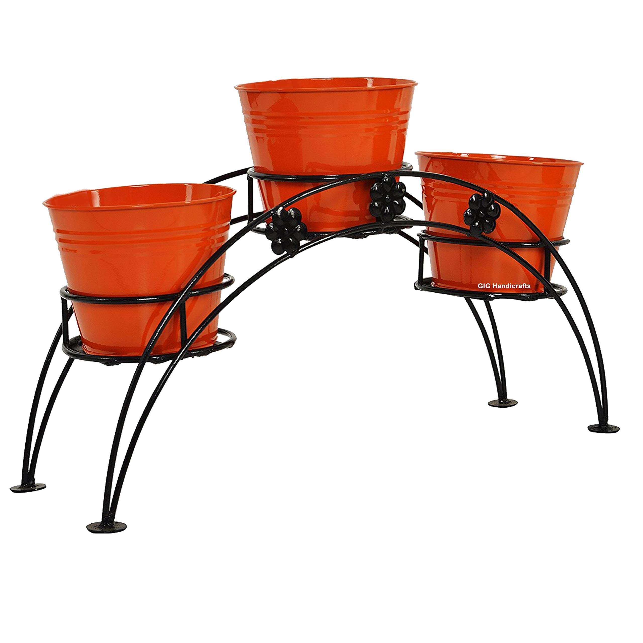 GIG Handicrafts 3 Tier Iron Pot Stand Plant Stand Plant Holder with 3 Iron Pots Indoor and Outdoor (66 cm x 18 cm x 30 cm, Orange and Black) 1