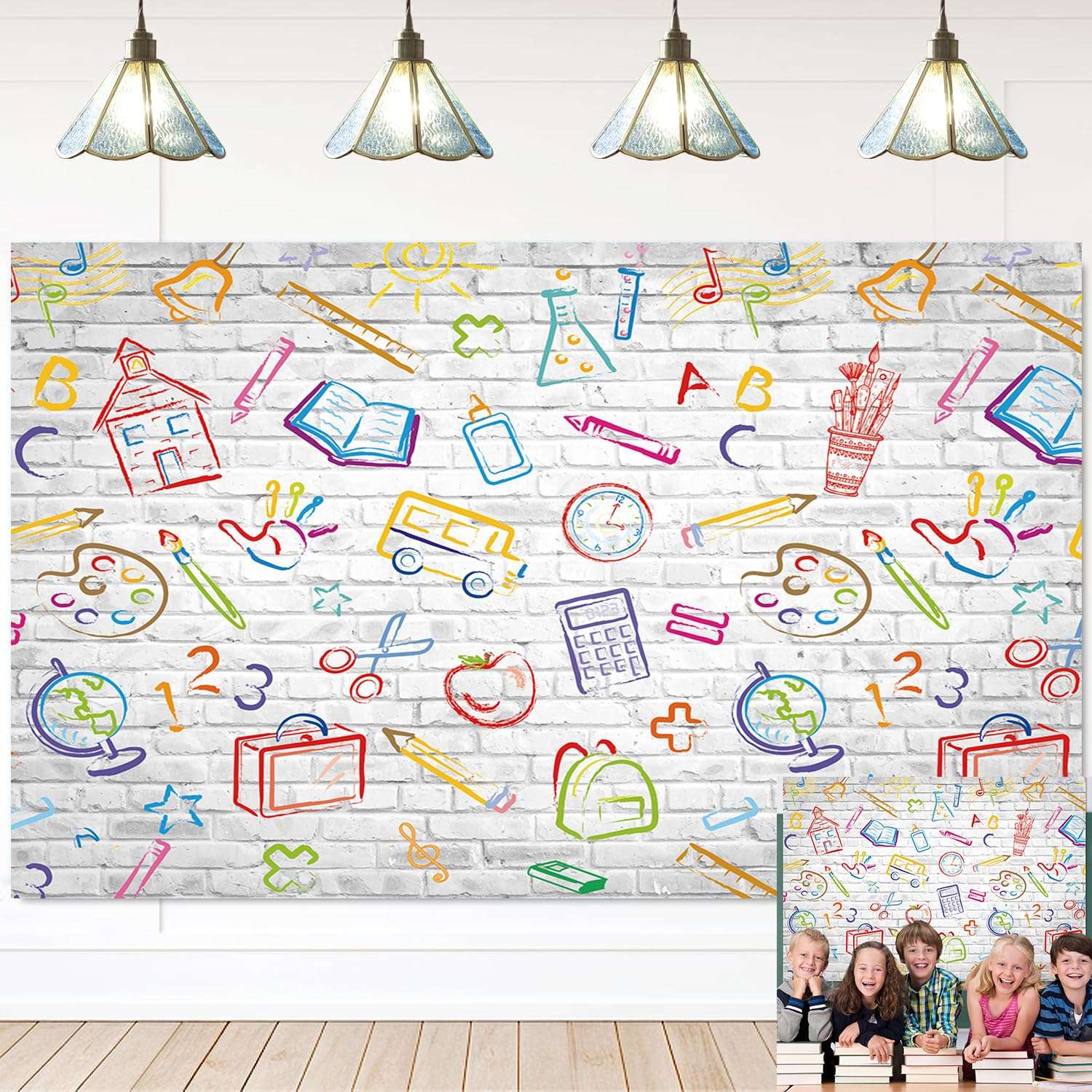Back to School Backdrop Hand Painted Pencils Books White Brick Wall Photography Background First Day of School Banner Online Teaching Party Decorations Photoshoot Studio Props (10x8FT: 120x96 inch)