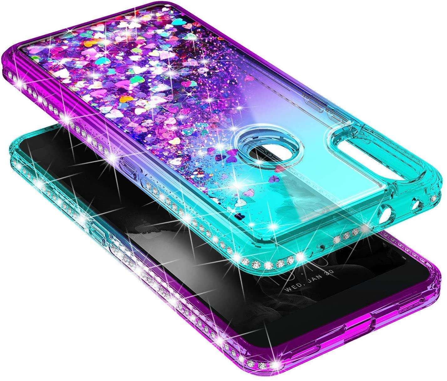 E-Began Case for Alcatel 3V (5032W) with Tempered Glass Screen Protector (Full Coverage), Glitter Liquid Floating Gradient Sparkling Bling Diamond, Durable Girls Women Cute Case -Aqua/Purple 4