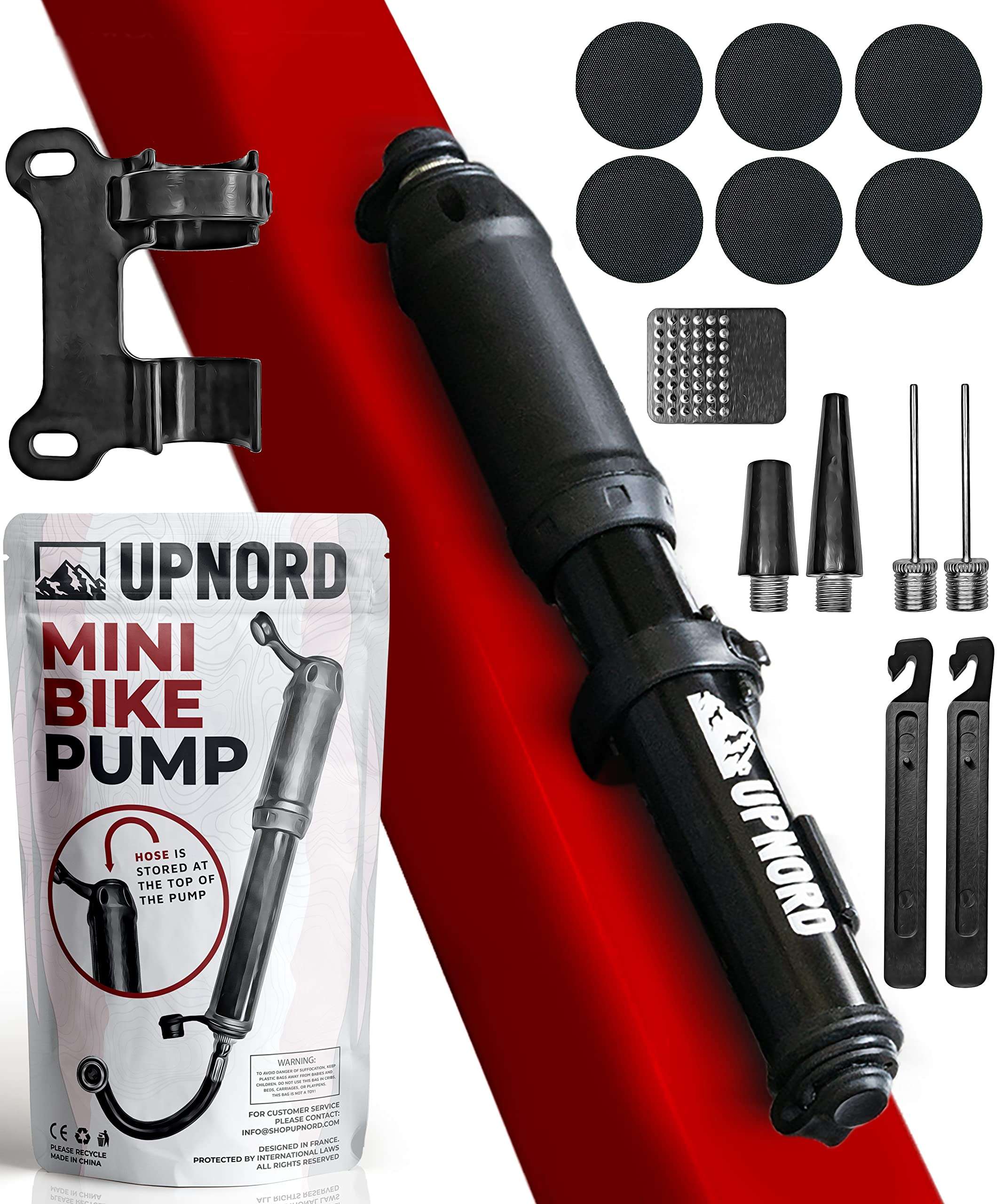 UpNord Portable Mini Bike Pump - Compatible with Presta & Schrader Valves - High Pressure PSI - Road, Mountain Bicycle Tire Air Pump - Compact & Fast Use - Includes Bike Frame Mount & Tire Repair Kit 1
