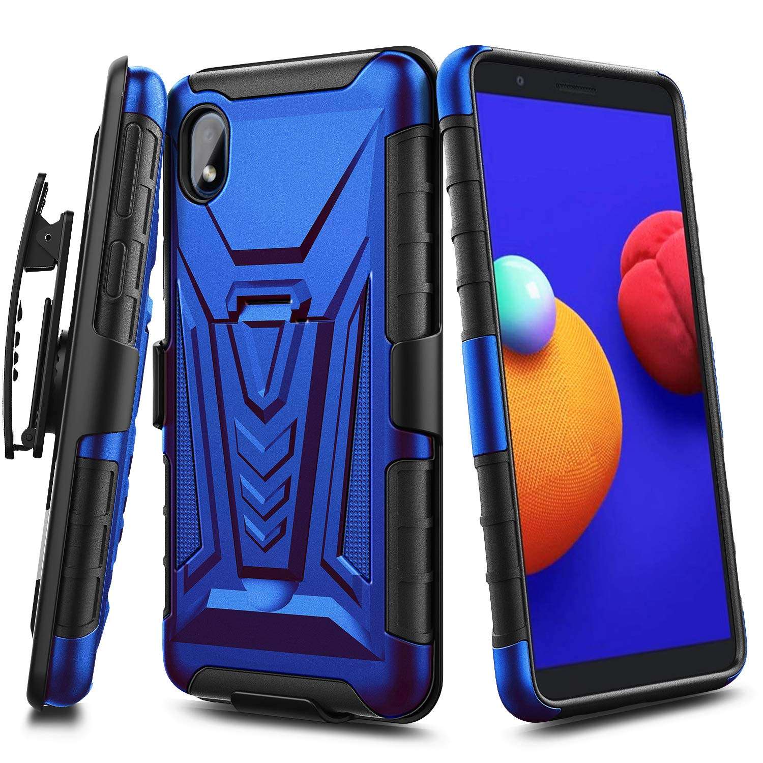NZND Case for Samsung Galaxy A01 Core/M01 Core (Not Fit A01) with Tempered Glass Screen Protector (Full Coverage), Belt Clip Holster with Built-in Kickstand, Heavy Duty Protective Case (Blue) 6