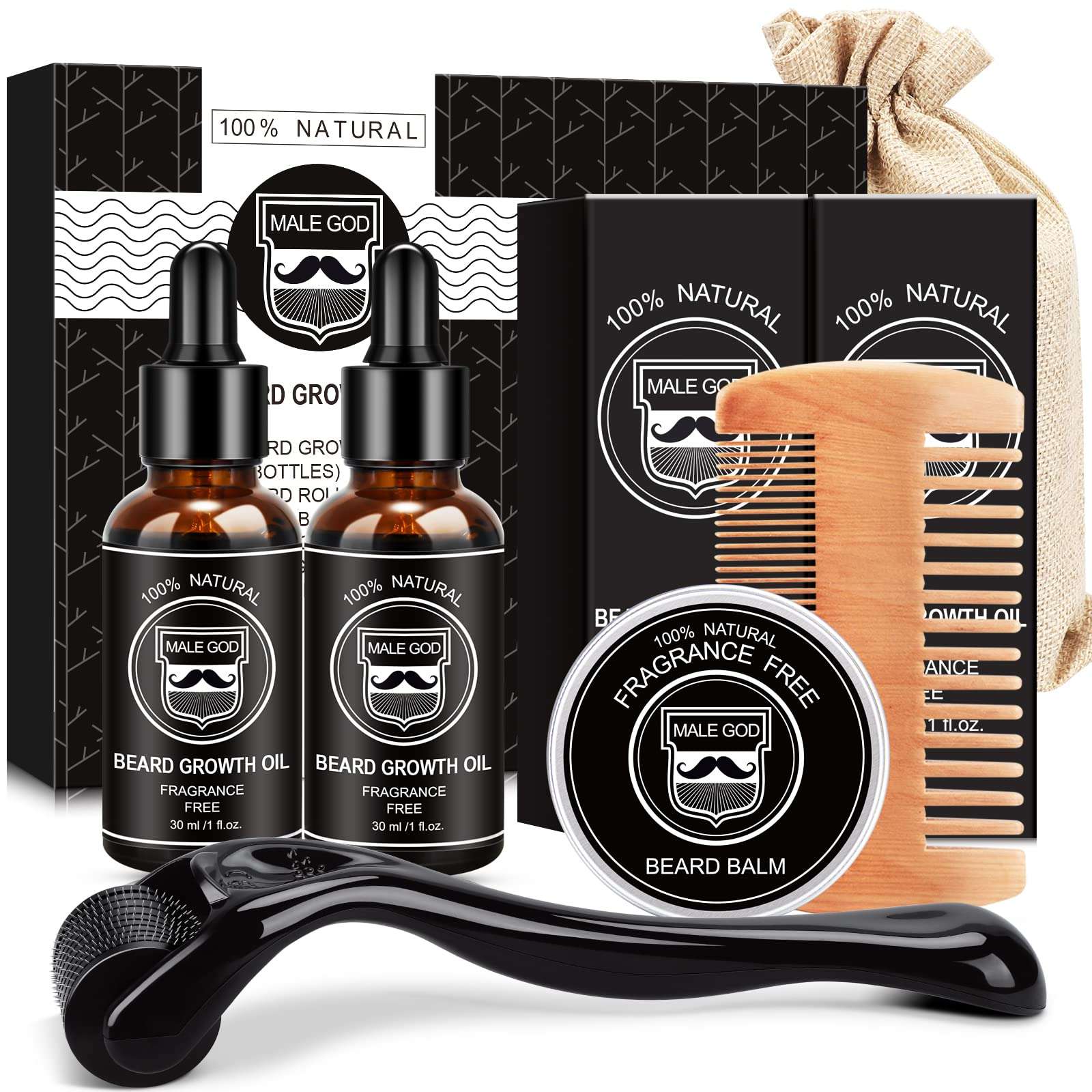 MALE GOD Beard Growth Kit, Beard Kit W/Beard Growth Oil (2 Bottles), Beard Balm, Beard Comb, Massager for Spot/Patchy Beard, Christmas Gifts for Men Him Boyfriend Husband 1