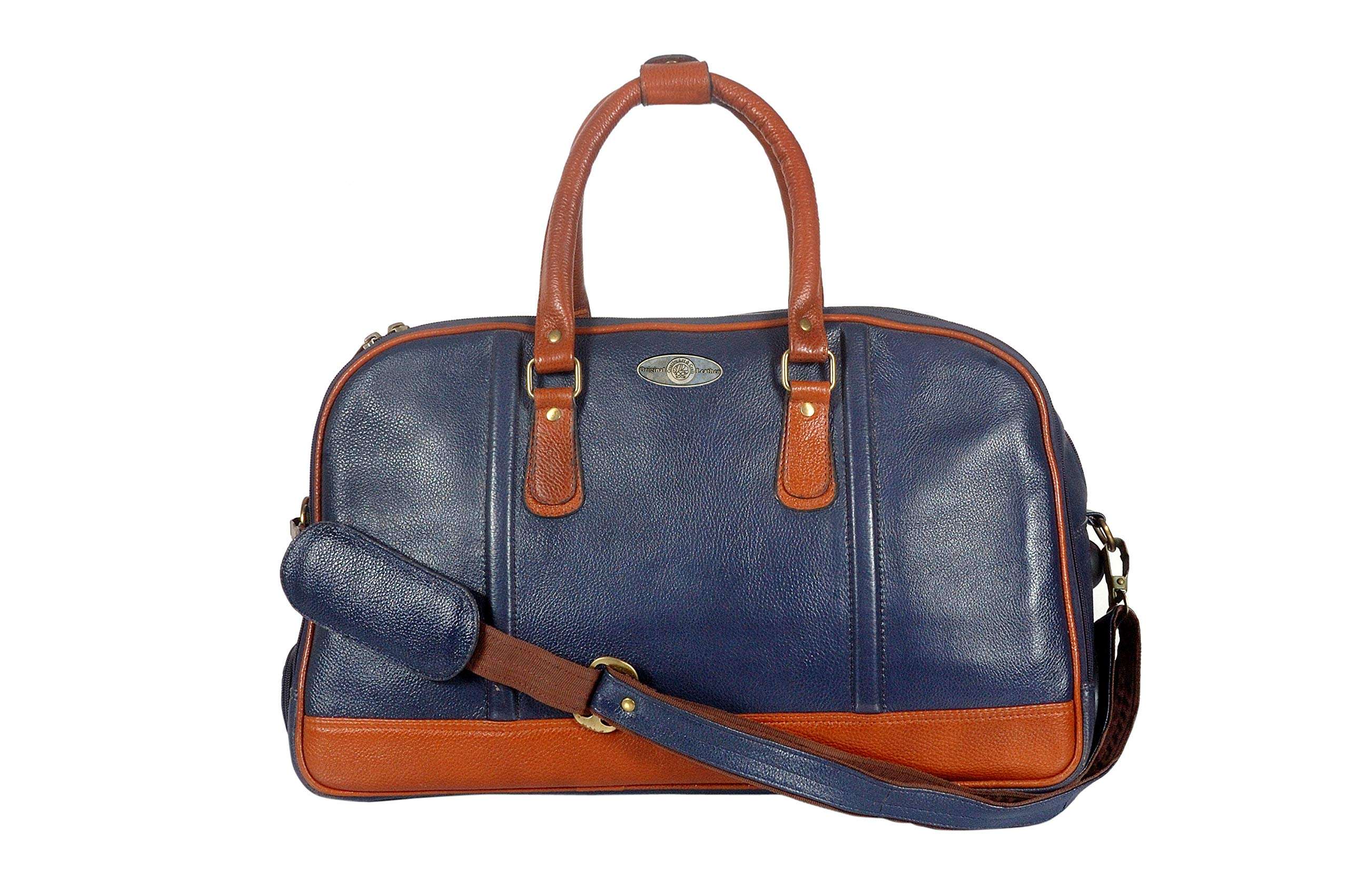 GATUDI ART CRAFT 100% Pure Leather Traveling bag Overnighte Suitcaser Weekend Trip Cabin Luggage Bag for Men & Women (Blue & Brown) Waterproof Strolley Trolley Bags Lightweight 1