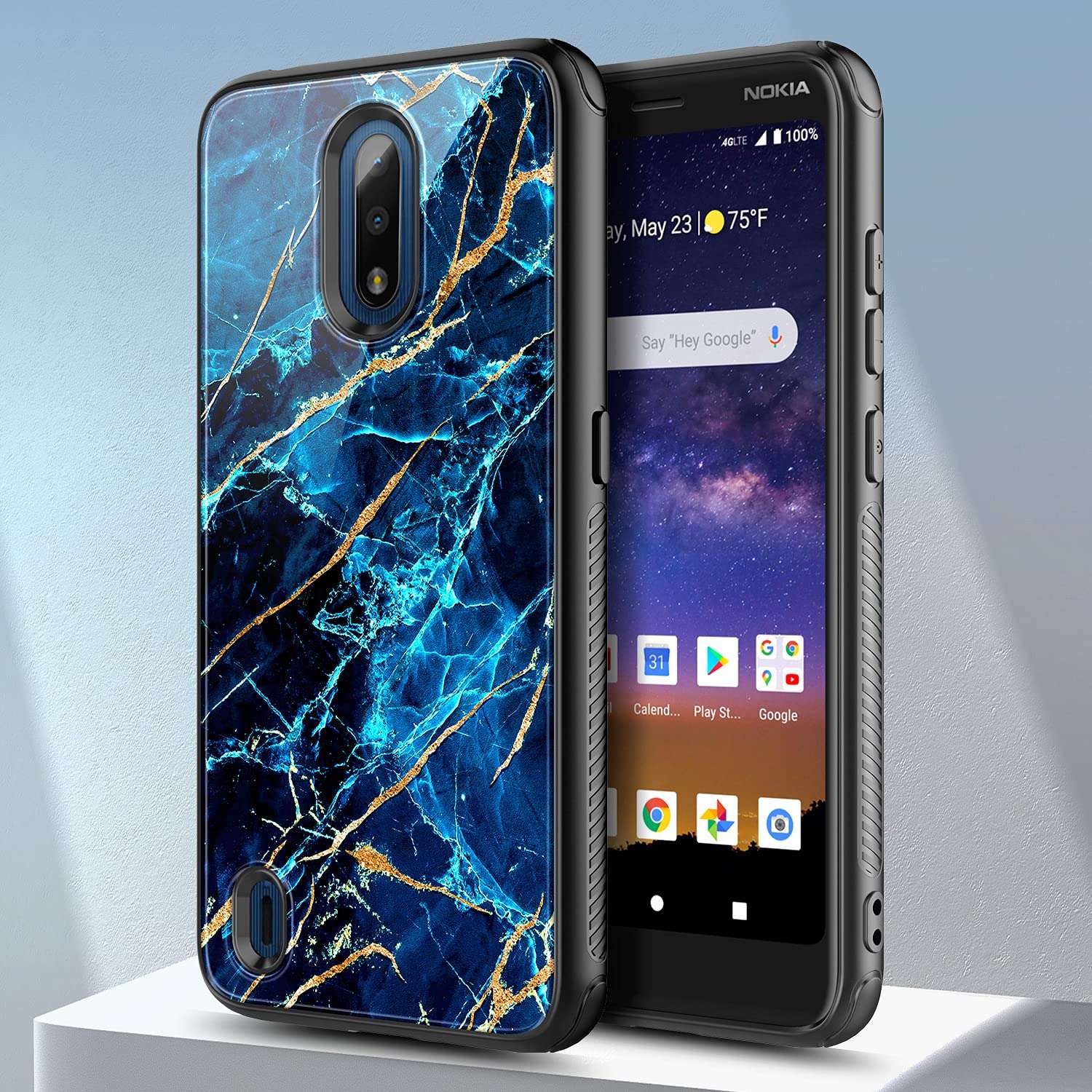 NZND Case for Nokia C2 Tava/Nokia C2 Tennen (Cricket Wireless) with Tempered Glass Screen Protector (Maximum Coverage), Hybrid Defender Protective Shockproof Durable Case -Marble Design Sapphire 2