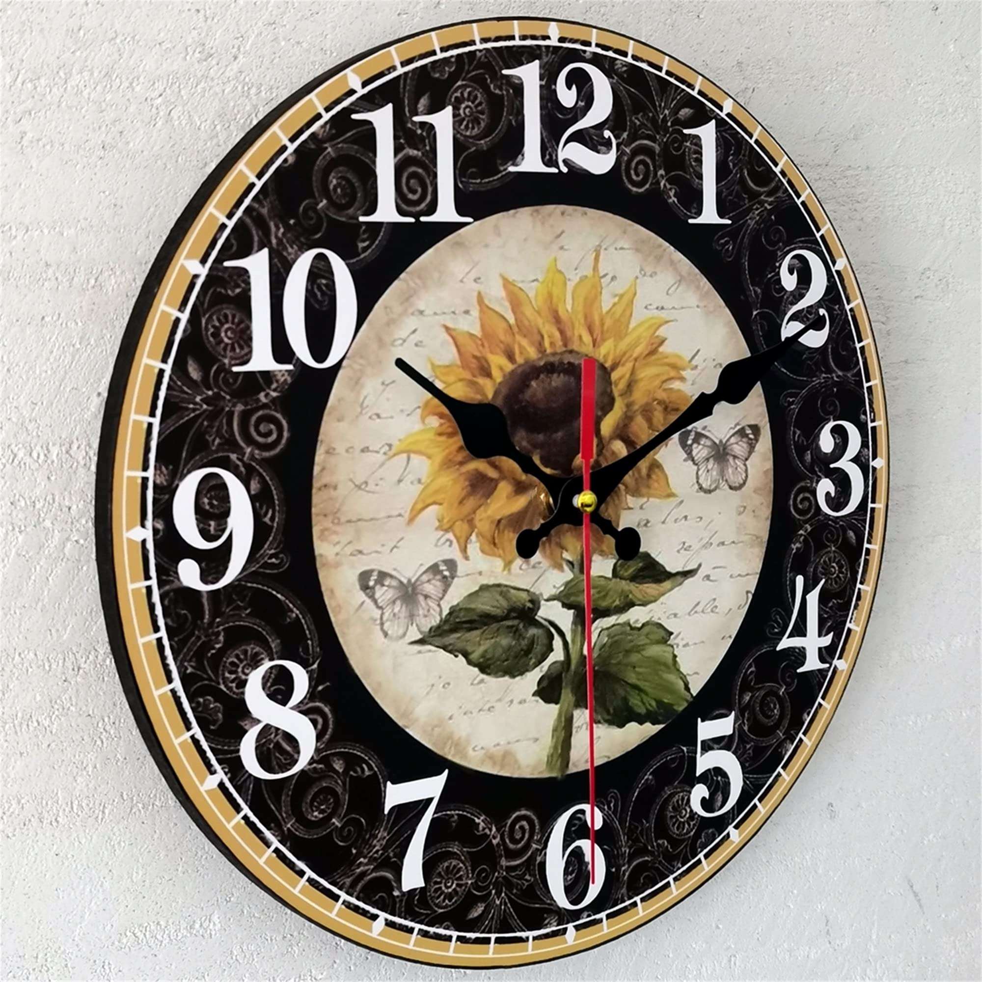 Qukueoy 12 Inch Sunflower Kitchen Wall Clock Rustic Farmhouse Clocks, Thick Wood Home Decor Sunflowers for Bedroom, Office, Dinning Room, Silent Battery Operated (Black) 2