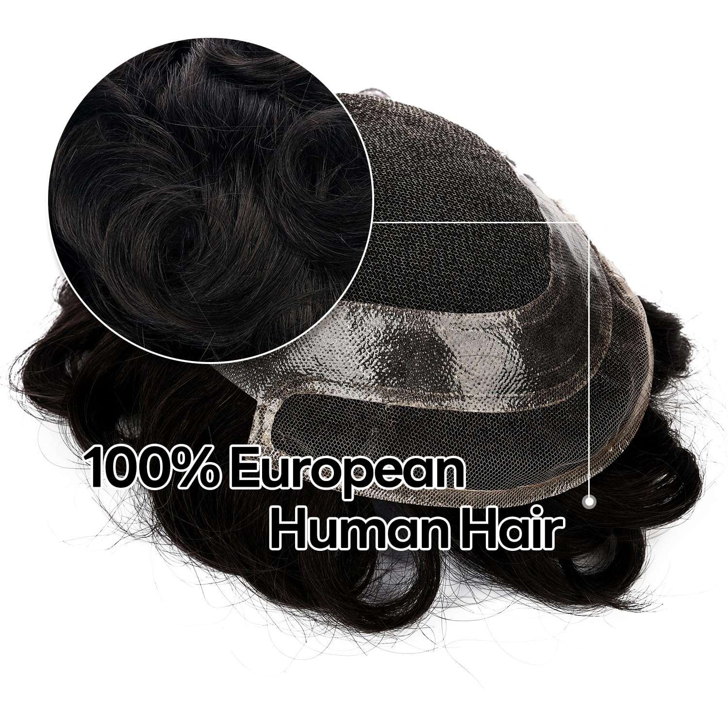Toupee For Men Hair Replacement System Swiss lace Men Toupee European Human Hair HD Lace Hair System Poly Skin PU Around Men Hair Piece. (1B# Off Black, 6x8"-100% Light Med-Light Density) 5