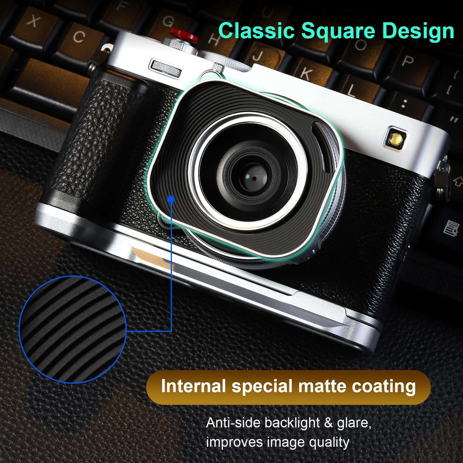 Haoge Metal Squaret Lens Hood for Fujifilm XE5 XF 23mm f2.8 Kit Fujinon XF27mmF2.8 R WR Lense Hood Silver with 39mm E39 Filter Thread,Screw-in Lens Hood with Hollow Out Designed 5