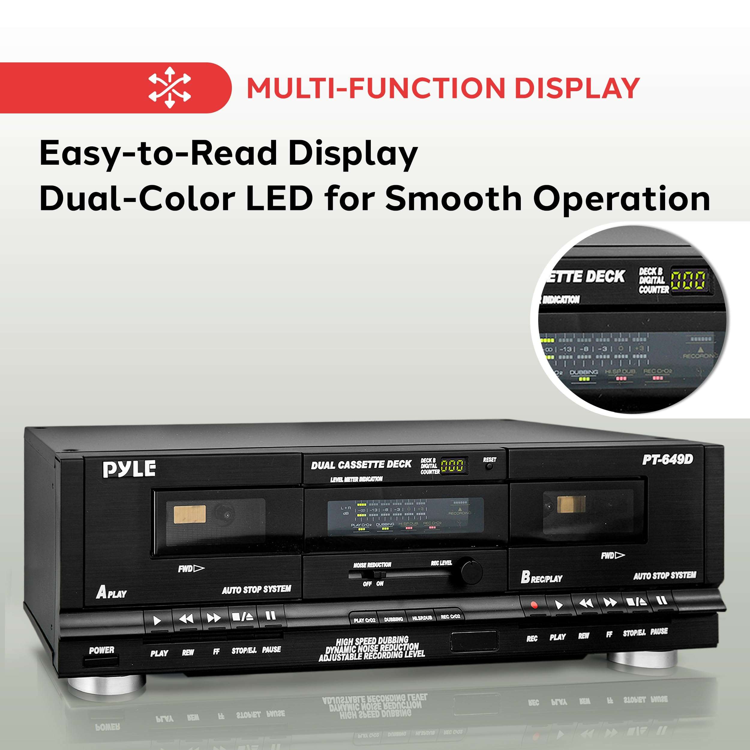 Pyle Home Digital Dual Cassette Deck Media Player Music Recording Device with RCA Cables Switchable Rack Mounting Hardware CrO2 Tape Selector Included 3 Digit Counter - 110V/220V 5