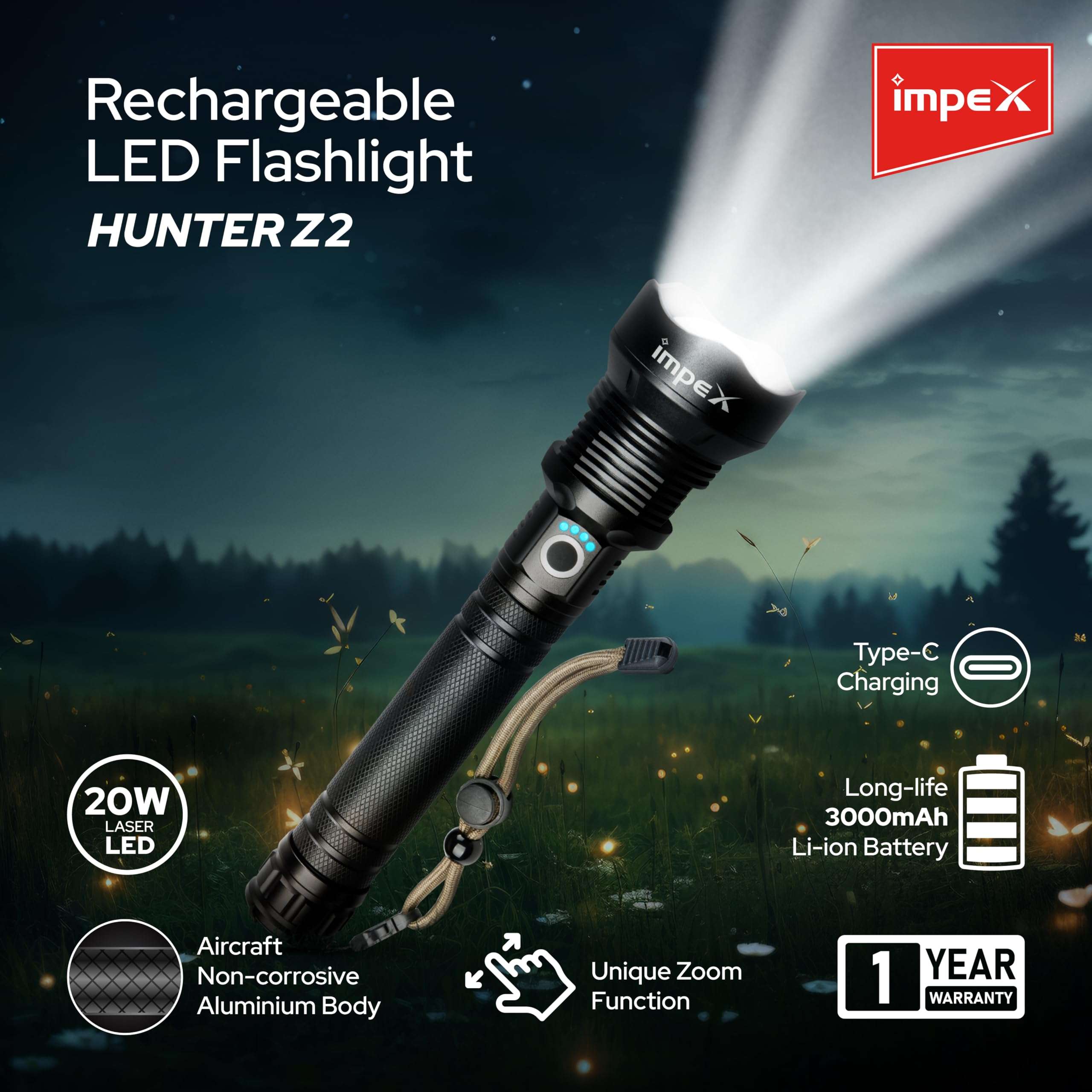 Impex Rechargeable 20W Laser LED Flashlight with 5 Mode Lighting | Unique Zoom Function | 2000 M Range | Torch Light | 3000 mAh Battery | 1 Year Warranty | Hunter Z2 3