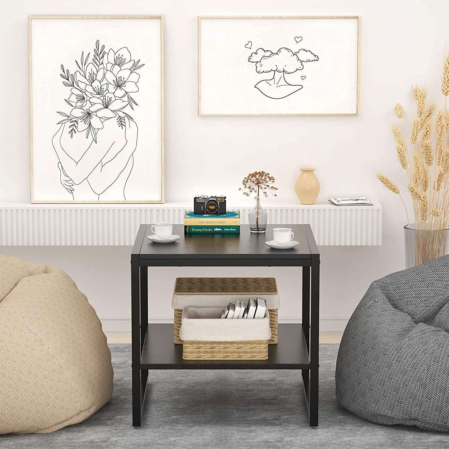 Indian Decor 44566 End Table, 20 Inch Square Side Table Modern Night Stand with 2-Tier Storage Shelf, Living Room Small Coffee Table, Wood Finish Bedside Table for Bedroom, Black top 3