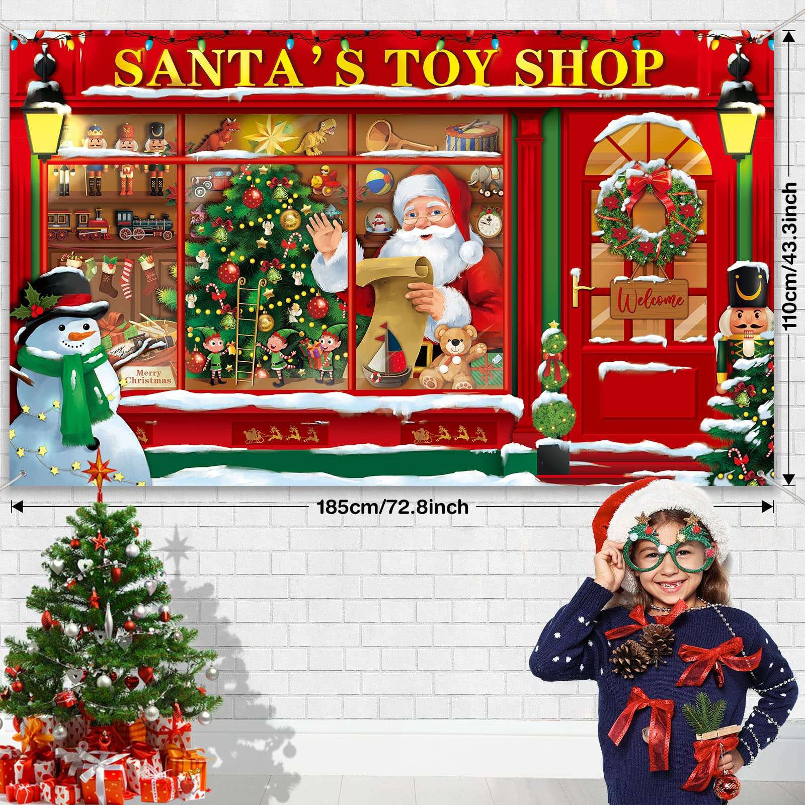 Christmas Party Photography Backdrop Banner Santa's Toy Shop Christmas Store Background Santa Store Photo Backdrop Santa's Toy Shop Background for Xmas Party Holiday Party Supplies, 72.8 x 43.3 Inch 3