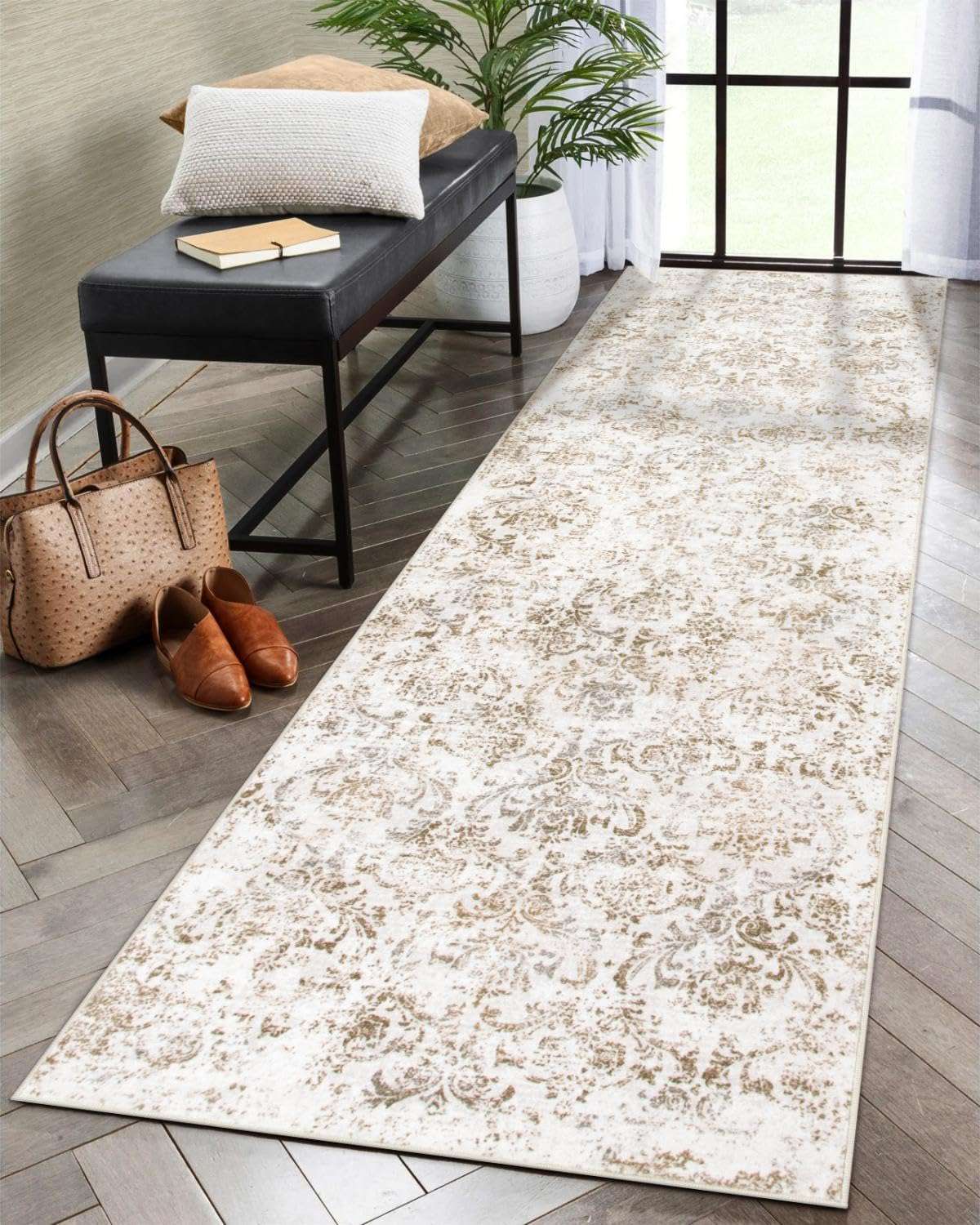 Lahome Kitchen Runner Rugs Non Skid Washable 2'6"x8', Boho Long Carpet Runners for Hallway 8ft, Paisley Soft Indoor Carpet Runner for Bathroom Entryway Laundry Stairway, Beige 1