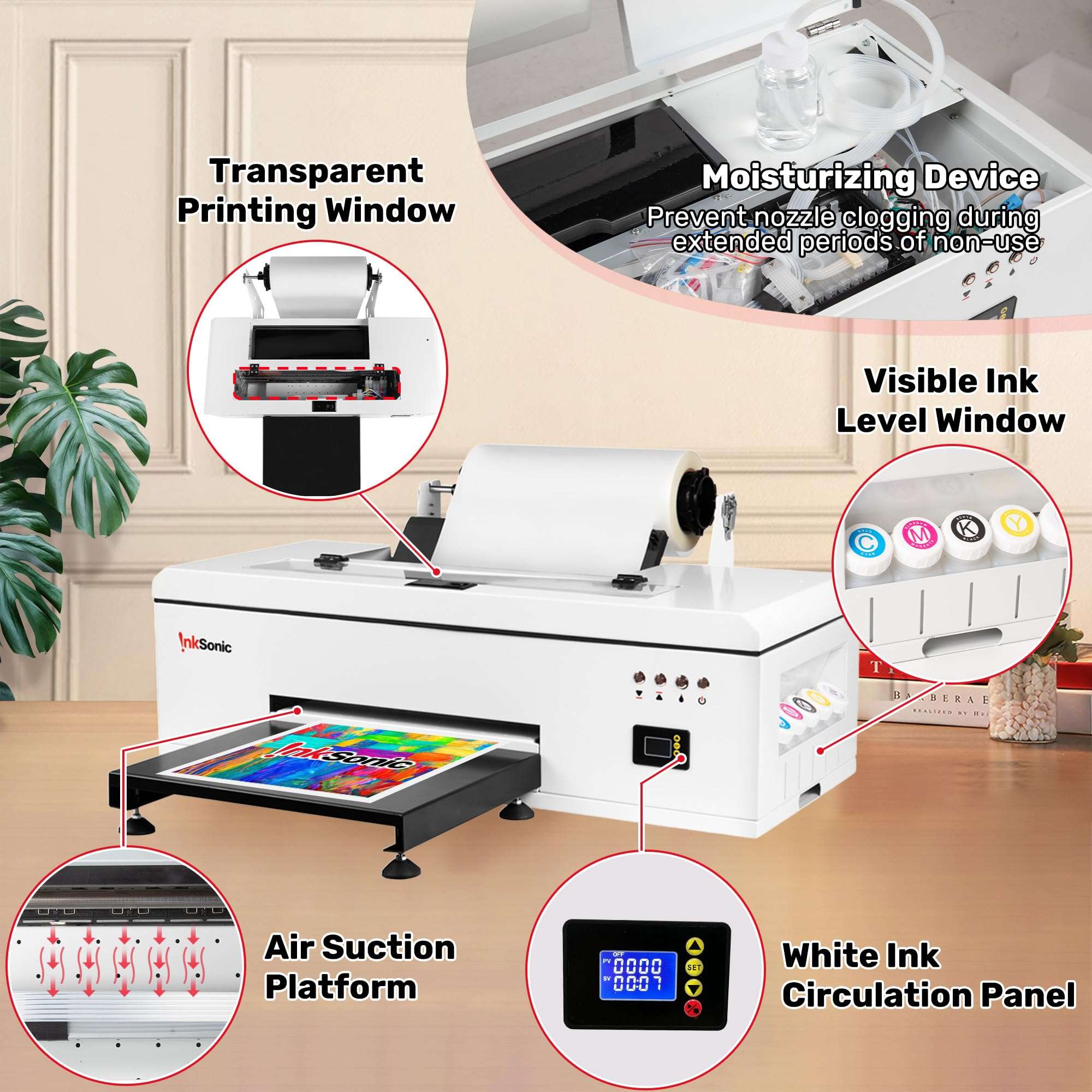 RocRow InkSonic A3 DTF Printer, R1390 DTF Transfer Machine, 13'' Print Width for Custom Garment Printing, Multi-Material Compatible, Direct to Film, White Ink Circulation System & Auto Clean, 5