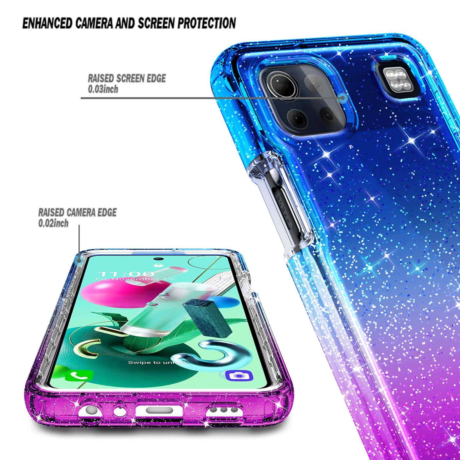NZND Case for LG K92 / K92 5G (LM-K920) with [Built-in Screen Protector], Full-Body Protective Shockproof Rugged Bumper Cover, Impact Resist Phone Case -Glitter Gradient Purple/Blue 2