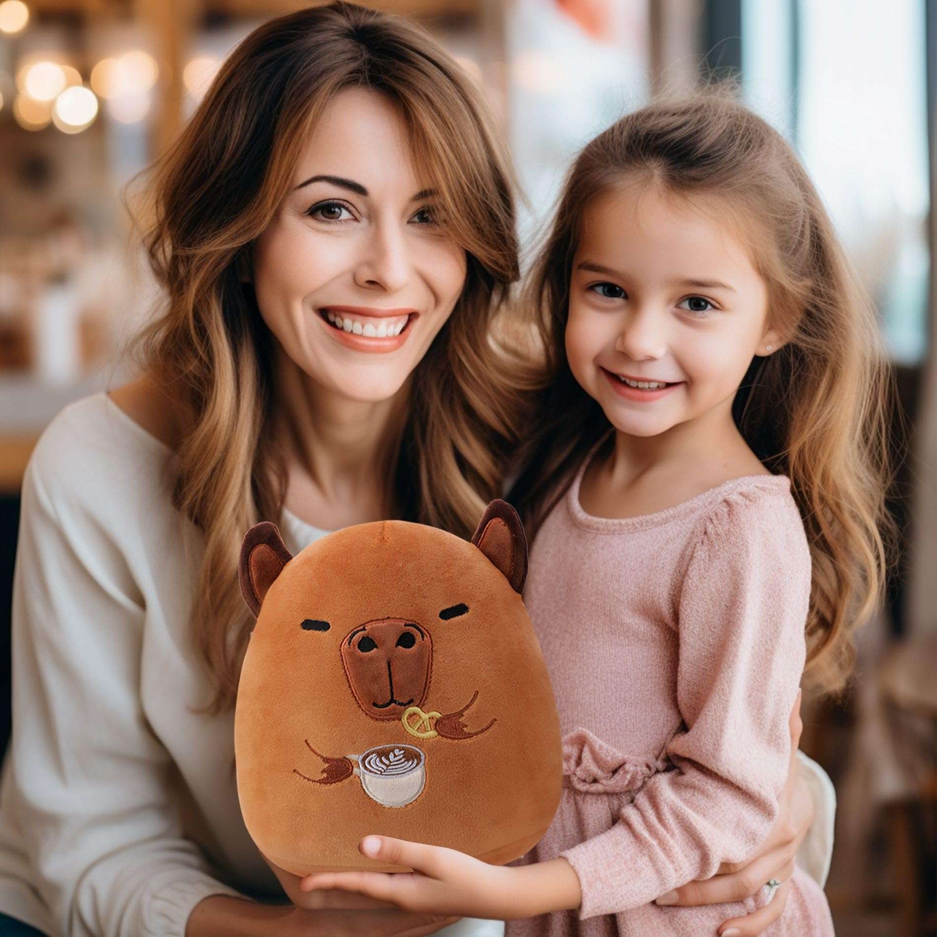 NIUBEHOHO Capybara Plush Coffee Lover's Gift - Capybara Stuffed Animal Pillow for Kids, Mother's Gift with Free Mesh Bag Greeting Card 3