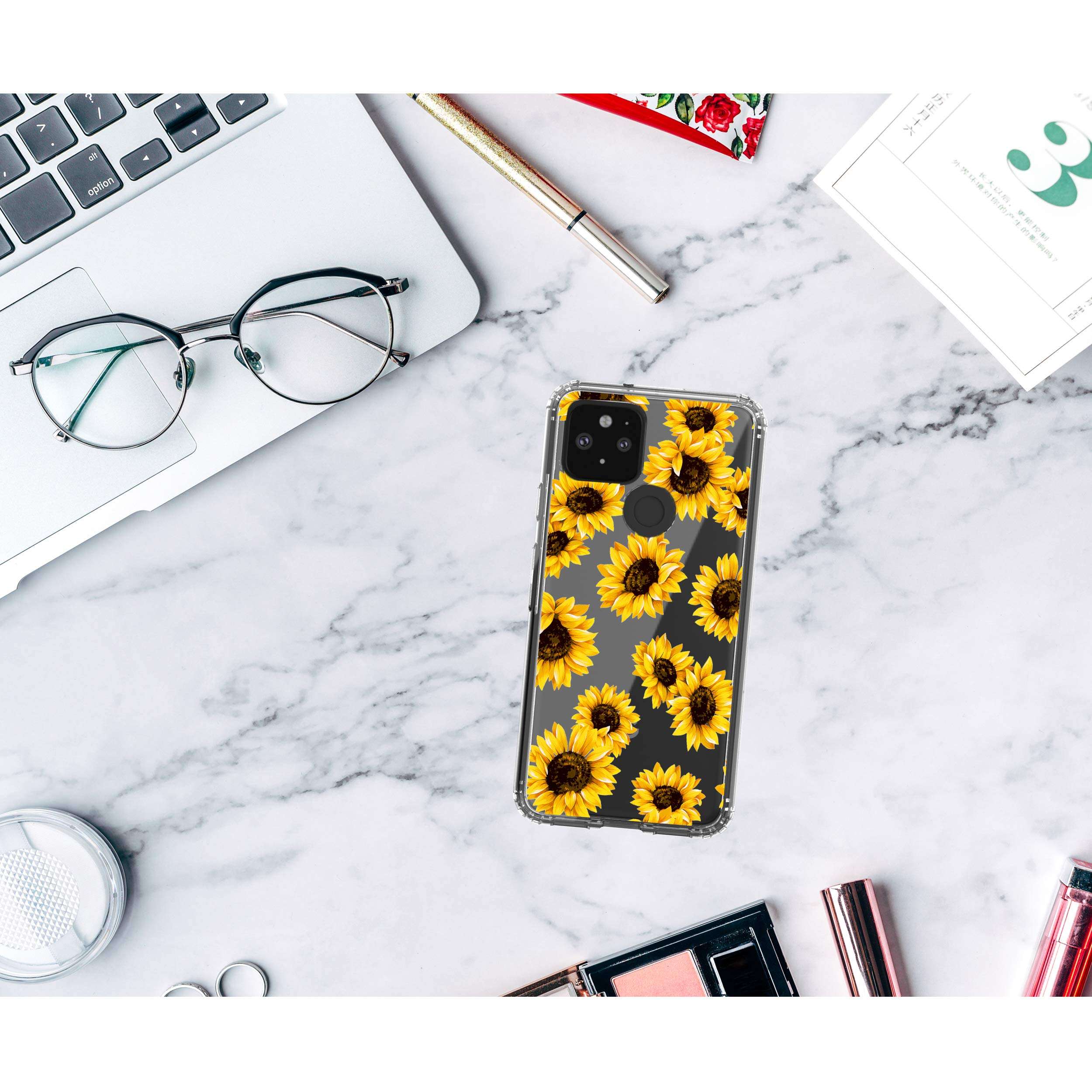 Google Pixel 5 Case, RANZ Anti-Scratch Shockproof Series Clear Hard PC+ TPU Bumper Protective Cover Case for Google Pixel 5 - Sunflowers 6