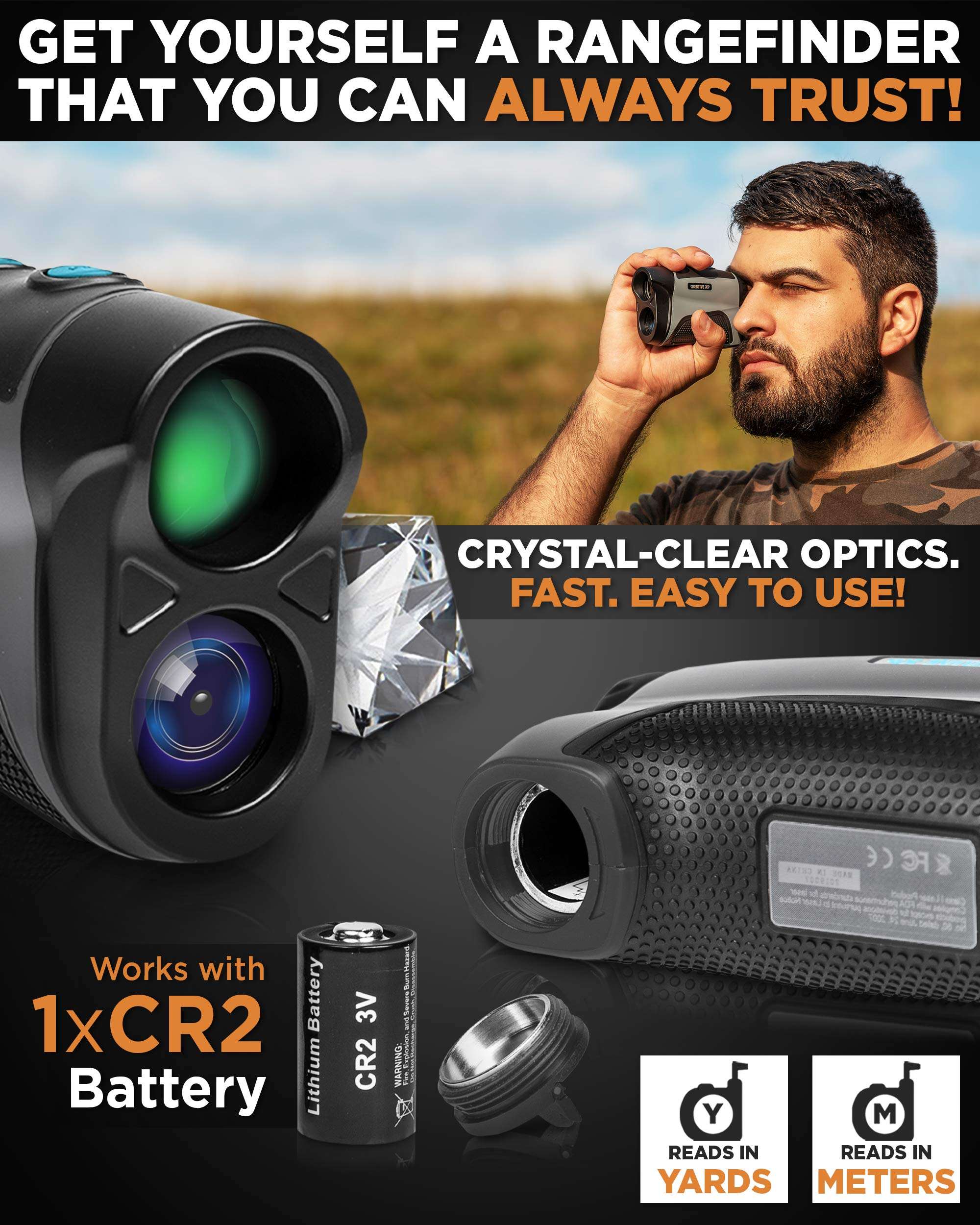 CREATIVE XP Golf Rangefinder 1100 Yards - Range Finder for Hunting and Archery, 6X Digital Rangefinders with Slope Mode, Pro Flag-Lock and Angle Compensation – Case Holder & Hand Strap - Color Grey 3
