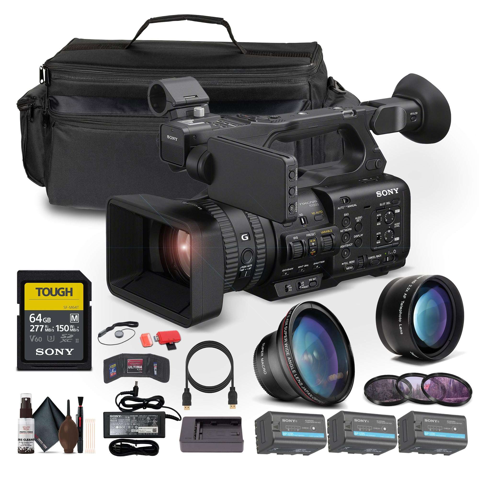 Sony PXW-Z200 4K 1" CMOS Sensor XDCAM Camcorder W/ 2 x BP-U35 Battery + 64GB SF-M Tough Series Memory Card + Large Case + Telephoto Lens + Card Reader + Filter Kit + Wide Angle Lens + More 1