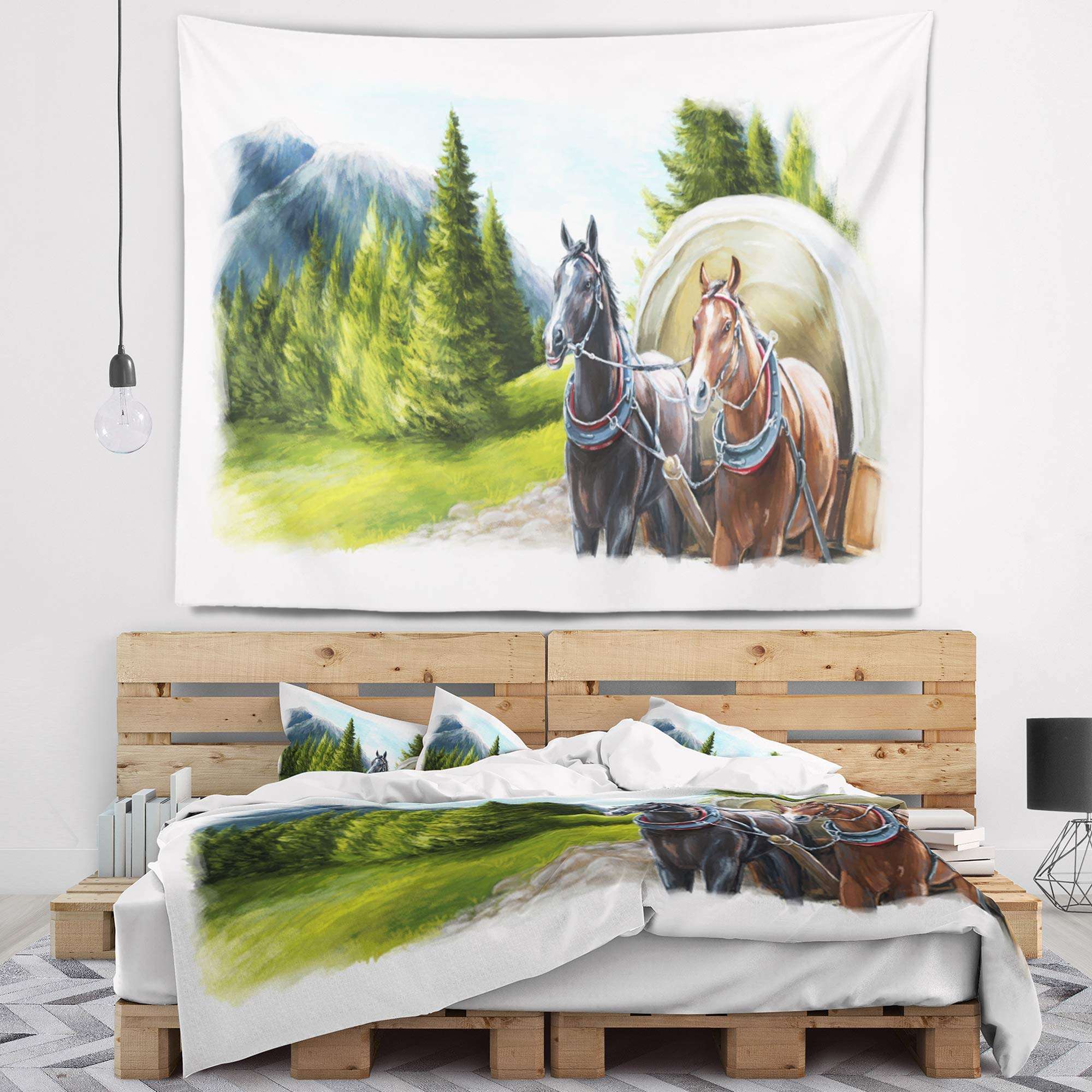 Designart ' Road in Mountains with Horses' Landscape Tapestry Blanket Décor Wall Art for Home and Office, Created On Lightweight Polyester Fabric Medium: 39 in. x 32 in 1