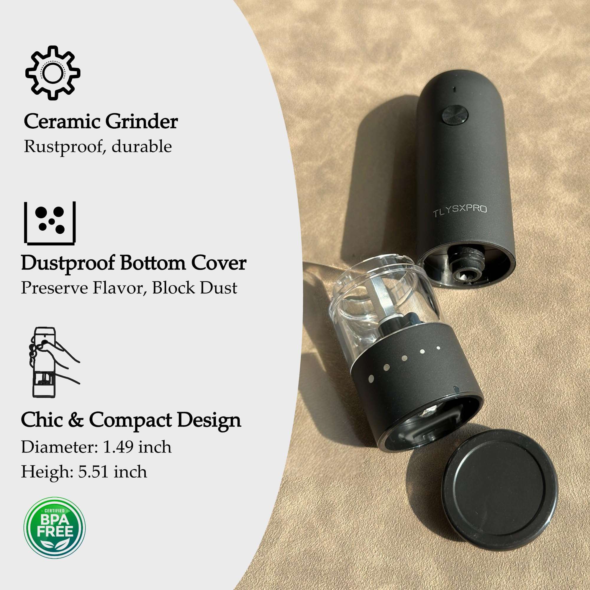 Small Electric Salt and Pepper Grinder Set Rechargeable, Adjustable Coarseness, Automatic Pepper Grinder Mill, Electric Salt Shakers, One Hand Operation for Kitchen Home (2 Packs, Greige) 5