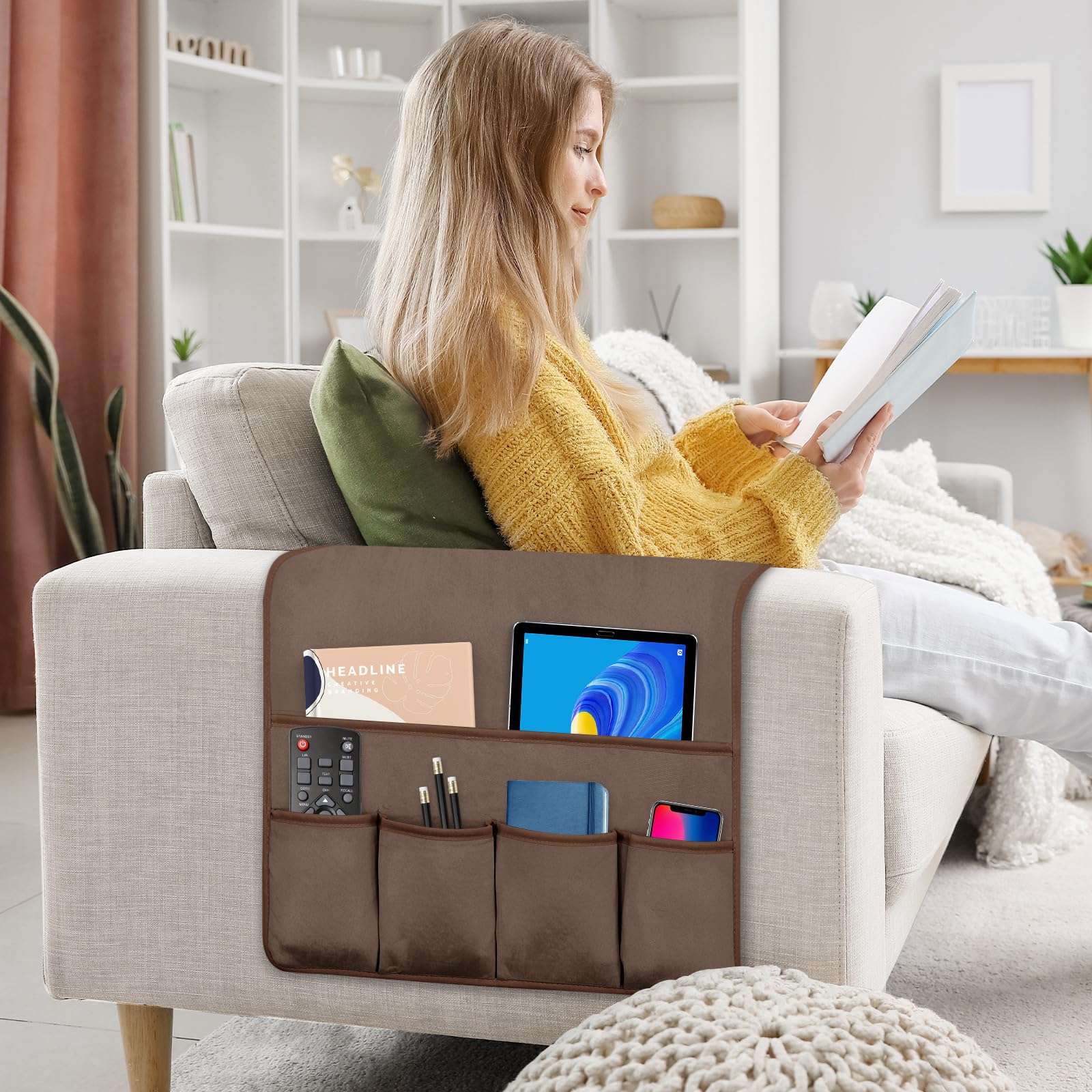 WETRBWEH TV Remote Control Holder Couch Caddy, Non-slip Bedside Caddy Organizer with 5 Pockets for Key Glasses Phone Magazine Holders (Brown, 35''x18'') 4
