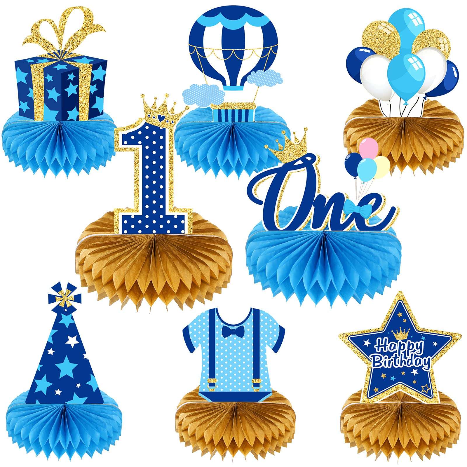1st Birthday Boy Decorations Wild One Honeycomb Centerpieces First Birthday Table Toppers for Baby Boy First Birthday Party Favor Supplies Photo Booth Props, Blue and Gold, 8 Pieces 1