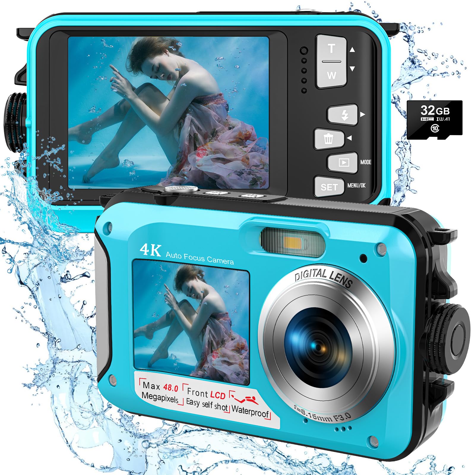 4K Waterproof Digital Camera 11FT Underwater Camera Selfie Dual Screens 48MP Waterproof Camera with 32GB Card 16X Digital Zoom Auto-Focus Underwater Camera for Snorkeling