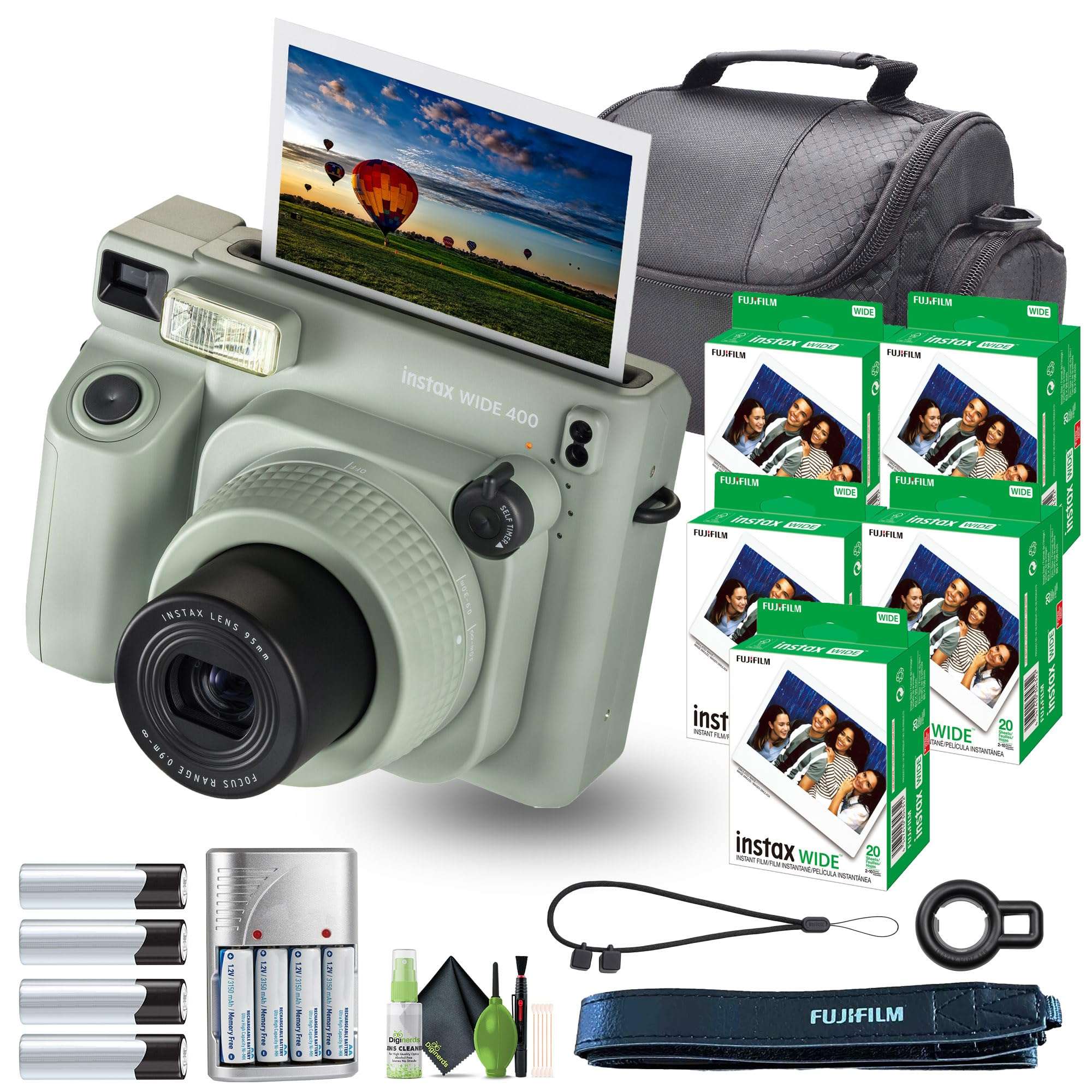 Fujifilm Instax Wide 400 Instant Film Camera Bundle with Fuji Instax Wide Instant Film Color Print (100 Sheets) + Travel Bag + Rechargeable Batteries with Charger and Lens Cleaning Kit 1