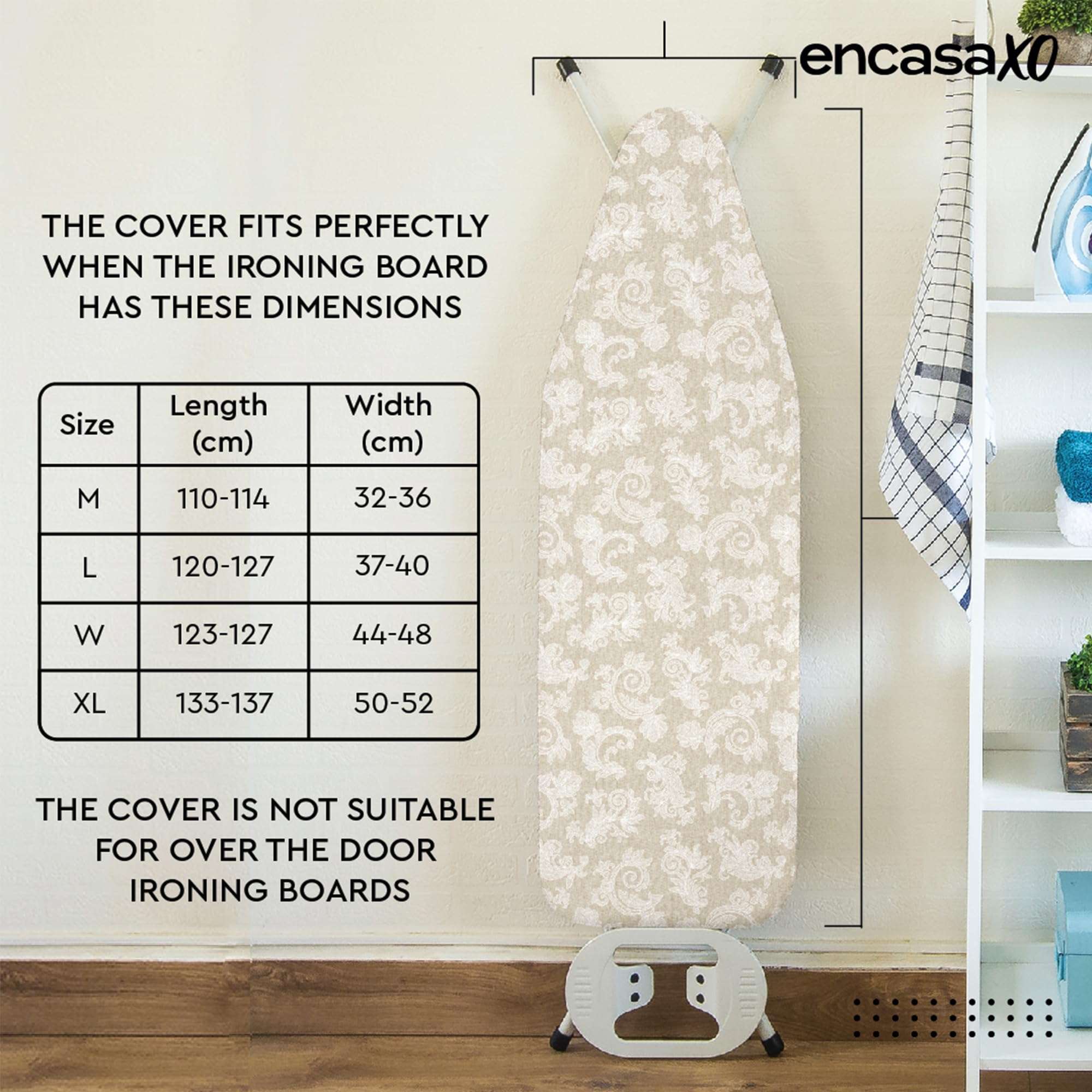 Encasa XO Ironing Board Cover with 4mm Extra Thick Felt Pad for Steam Press – Beige - (Fits Standard Boards of Wide, 49"x18") Elastic Fitting, Heat Reflective, Protective 6