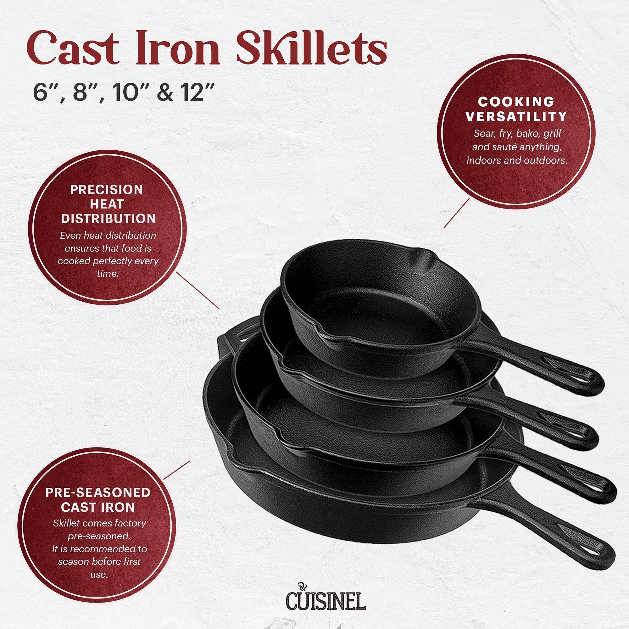 Cuisinel Cast Iron Skillets Set - 6"+8"+10+12"-Inch + Glass Lids + Silicone Handle Holder Cover Grips - Pre-Seasoned Frying Pan - Oven Cookware - Use Indoor/Outdoor, Grill, Stovetop, Fire 3