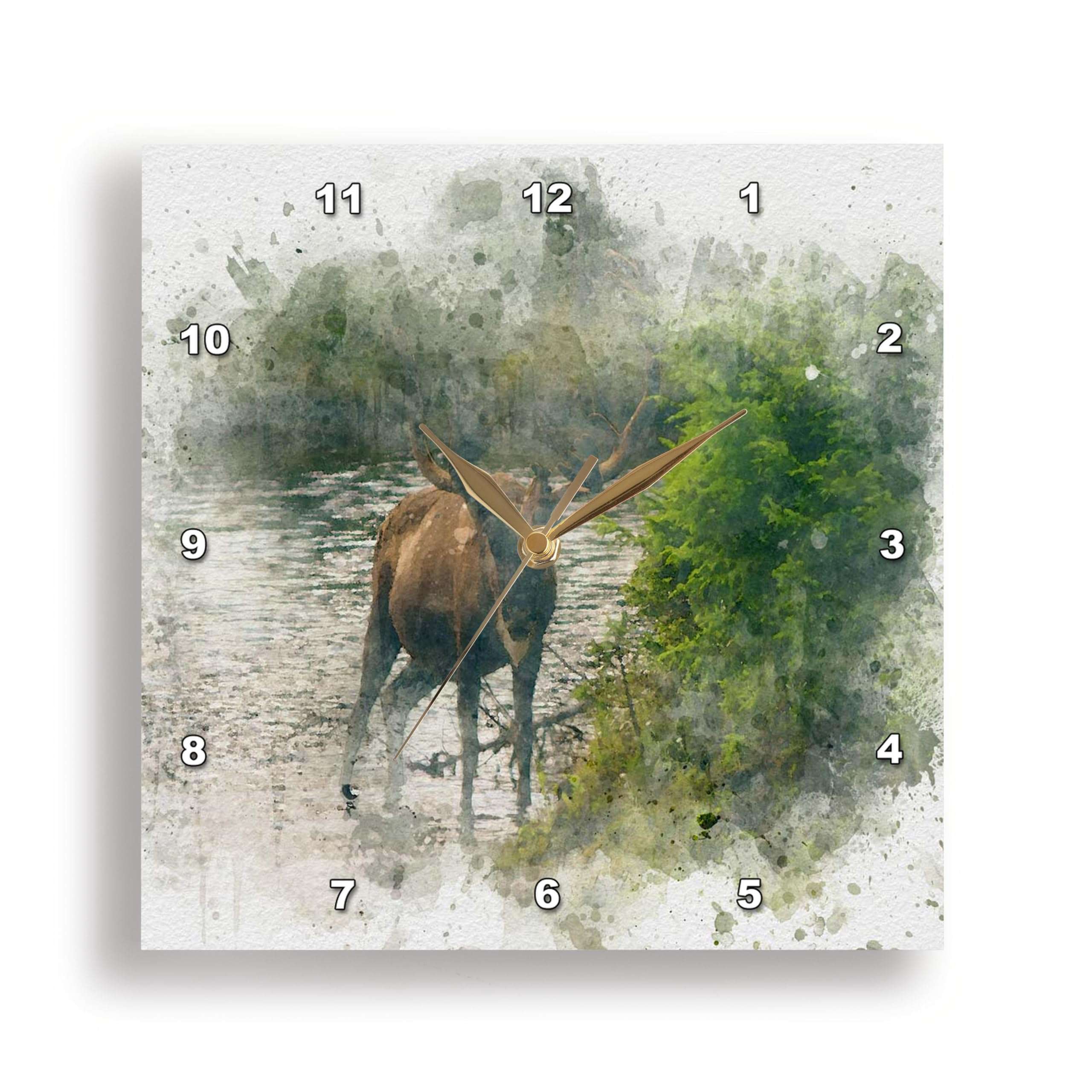 3dRose Wall Clock Silent - 15 inch - Image of Watercolor Deer Buck On A Lake Art - Impressionist Mixed Media Art 1