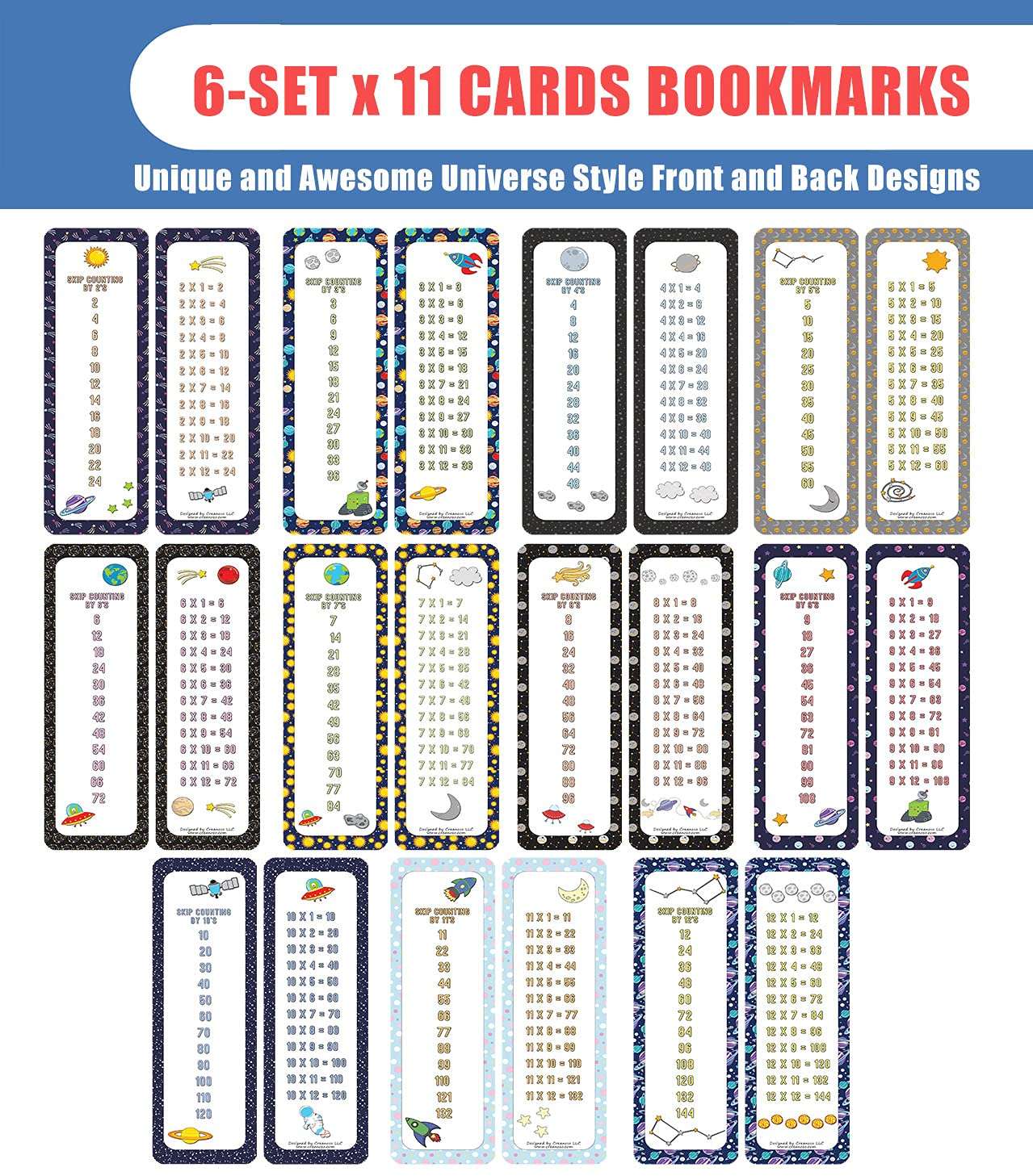 Creanoso Skip Counting Chart Bookmark Cards - Space Universe Theme (6-Set X 11 Cards) – Stocking Stuffers Gifts Page Clippers Corporate Giveaways 3