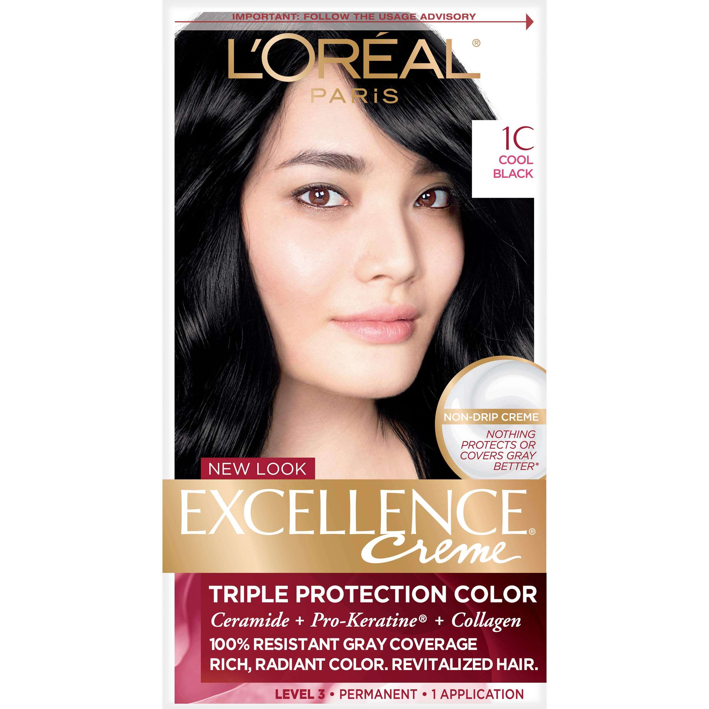 L'Oreal Paris Excellence Creme Permanent Hair Color, 1C Cool Black, 100 percent Gray Coverage Hair Dye, Pack of 1 1
