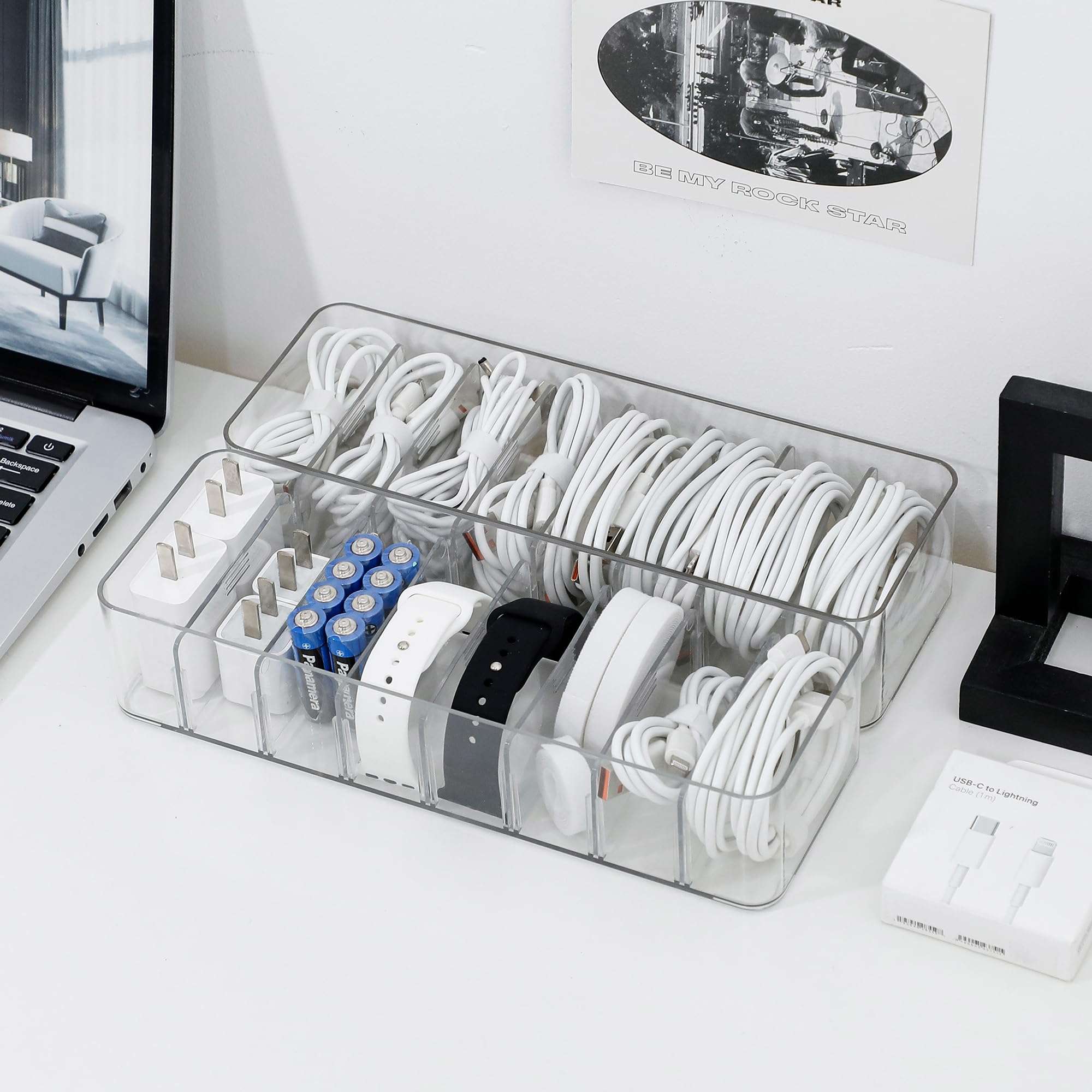 GOXITAX 2 Pack Cable Cord Storage Box, Plastic Desk Drawer Organizer Case for Home Office Supplies, Art Crafts, Electronic Accessories, Phone Charger and Wires 5