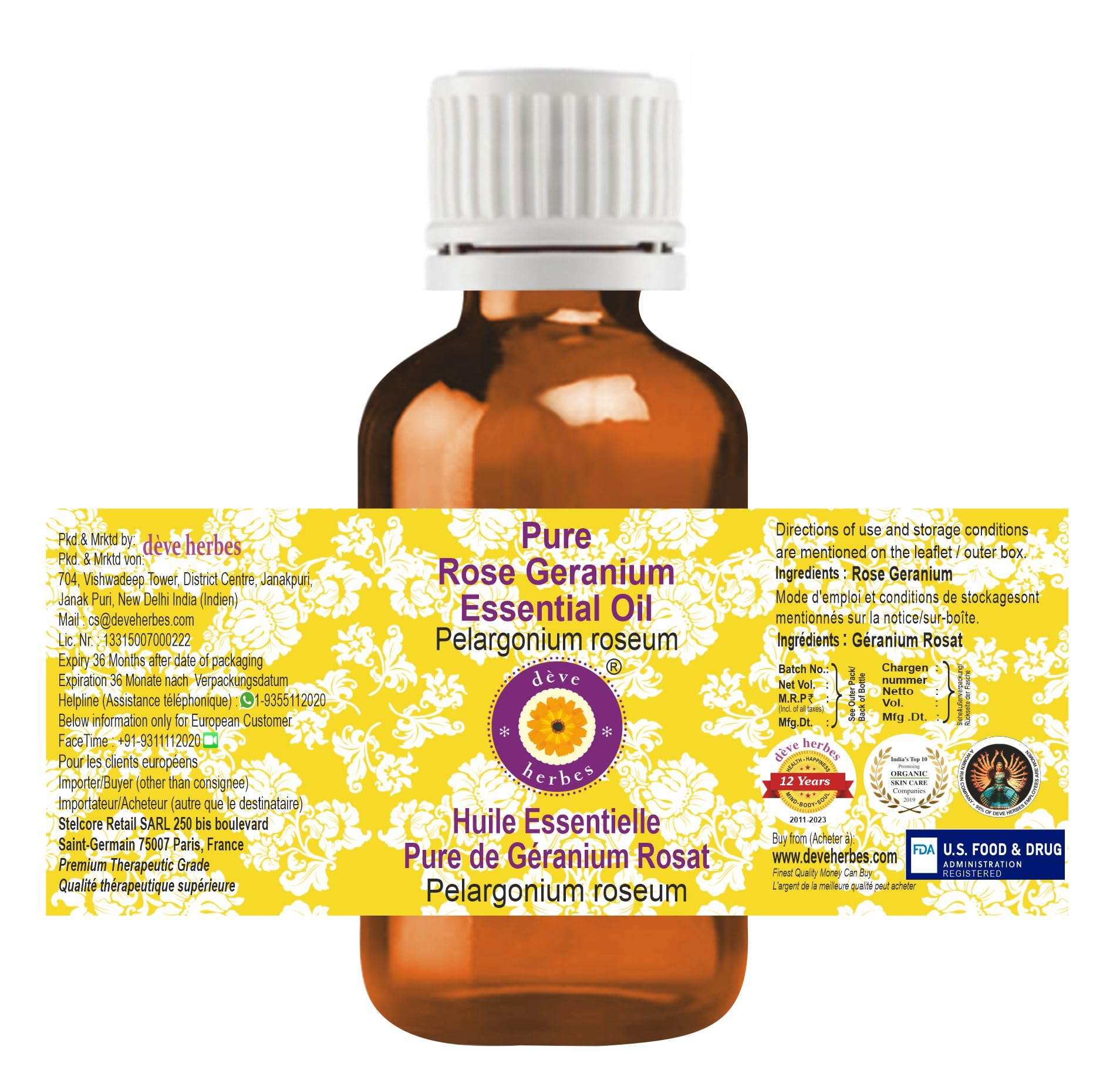 Deve Herbes Pure Rose Geranium Essential Oil (Pelargonium roseum) Steam Distilled 100ml (3.38 oz) 2