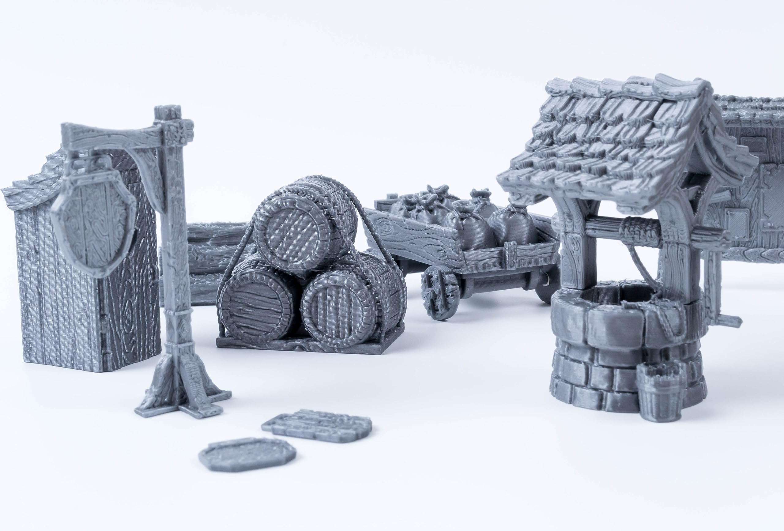 3D Vikings City Items Set – Comprehensive Terrain Accessories for Tabletop RPGs, Dungeons & Dragons, Warhammer – Includes Well, Toilet, Signs, Gallows, Newsboard, Cart, Wooden Stake – Unpainted 3