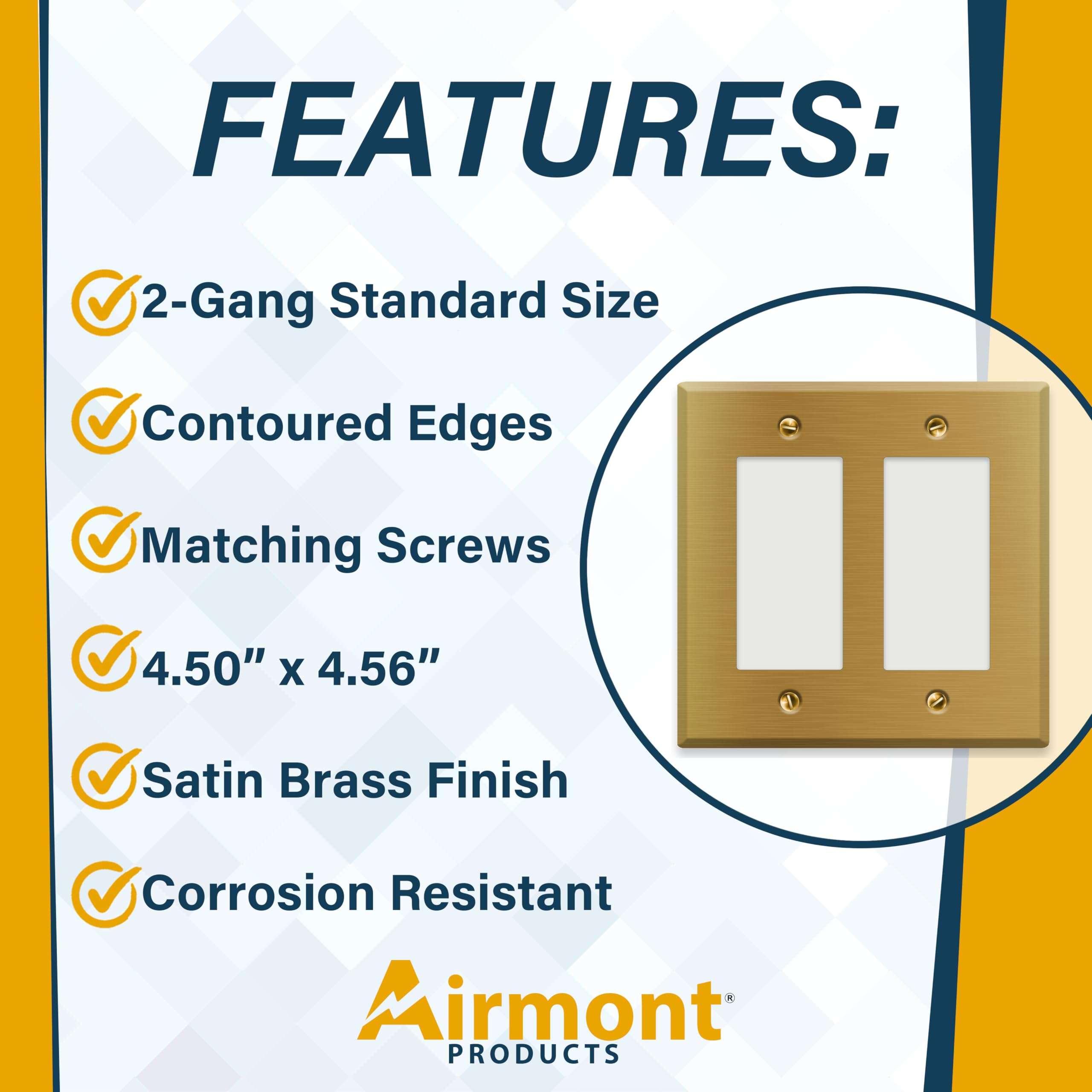 Satin Brass Rocker Switch Wall Plate, 1-Gang, Standard Size, Heavy-Duty Metal, GFCI/Rocker Outlet Cover, UL Listed Decorative Light Switch Cover, Made in USA, Screw Mount, Satin Finish (2, 2-Gang) 5