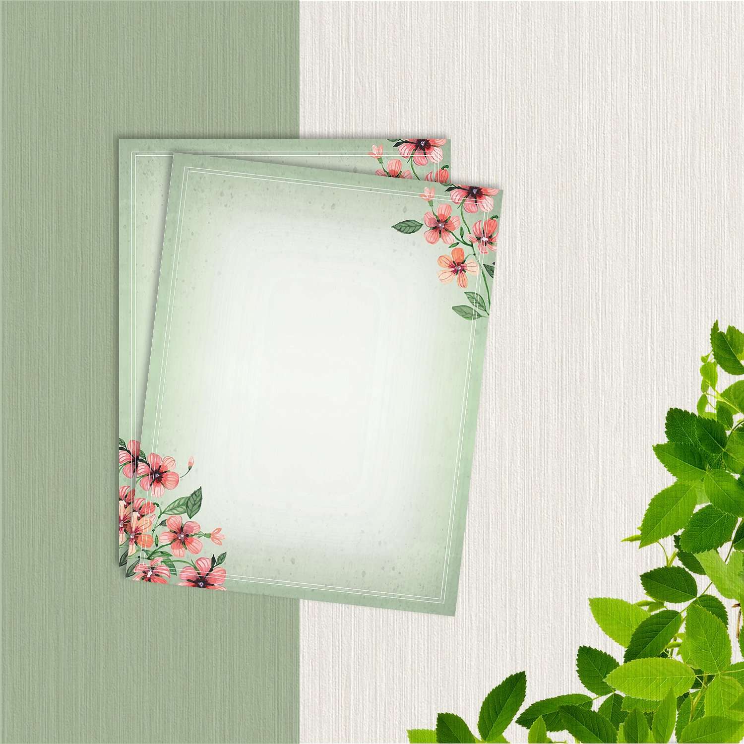 Stationery Writing Paper - 100 Set Floral Letter Notes for DIY Invitation Kit - Perfect Invitations for Bridal Shower, Birthday, Wedding, Engagement Party, VIP, and All Occasions - Green Nature Design 2