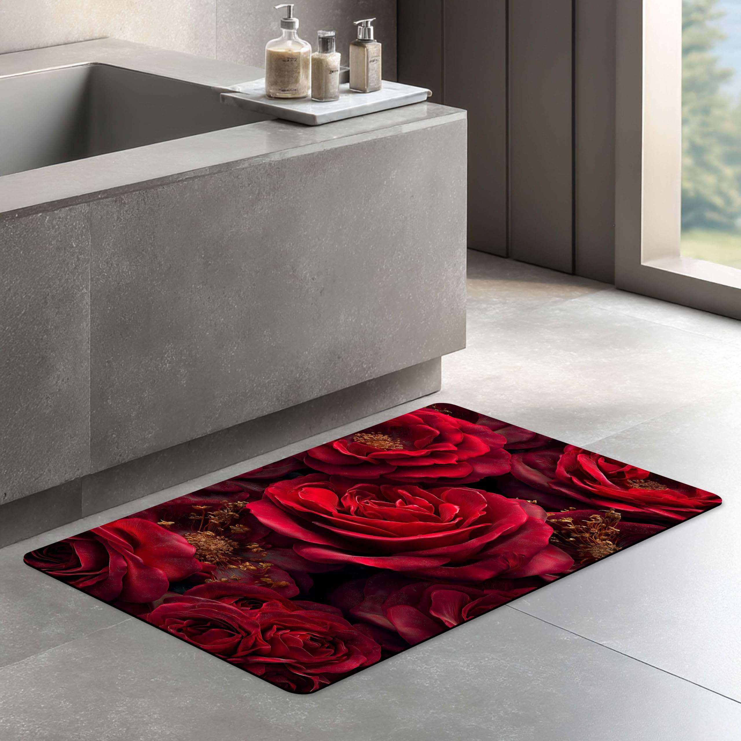 Floor Mat – Quick Dry Diatomite Absorbent Rug | Anti-Slip Soft Rubber Base Doormat for Bathroom, Bedroom, Kitchen & Entryway | Carpet Bathroom Floor Mat (80×40 cm – 3D Illusion Deep Red Rose Design)