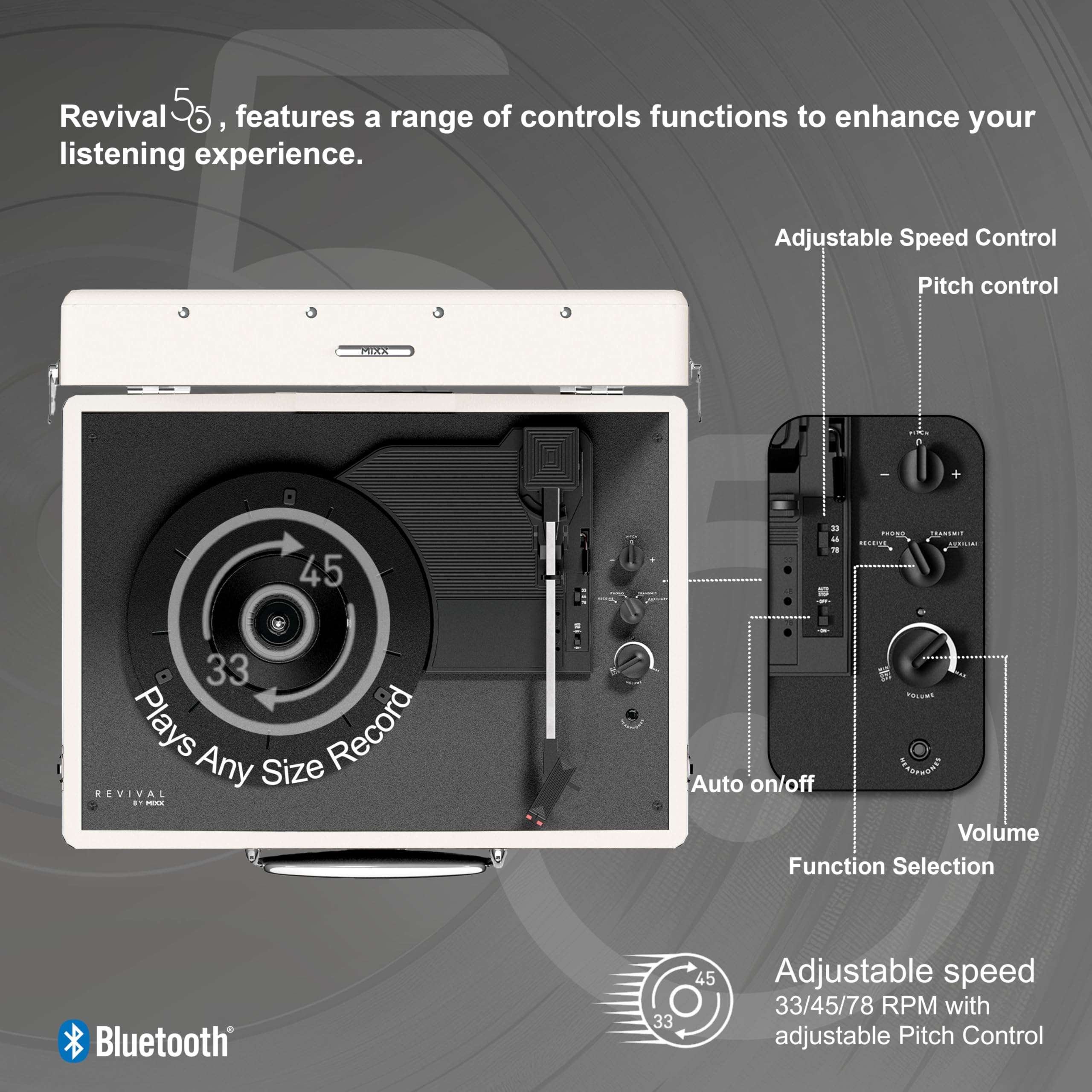 Mixx Revival 55 Portable Suitcase Vinyl Record Player with Built-in Stereo Speakers, Bluetooth Input & Output, 33 1/3 & 45 RPM Speeds with Adapter, Retro Style, AC Adapter 3