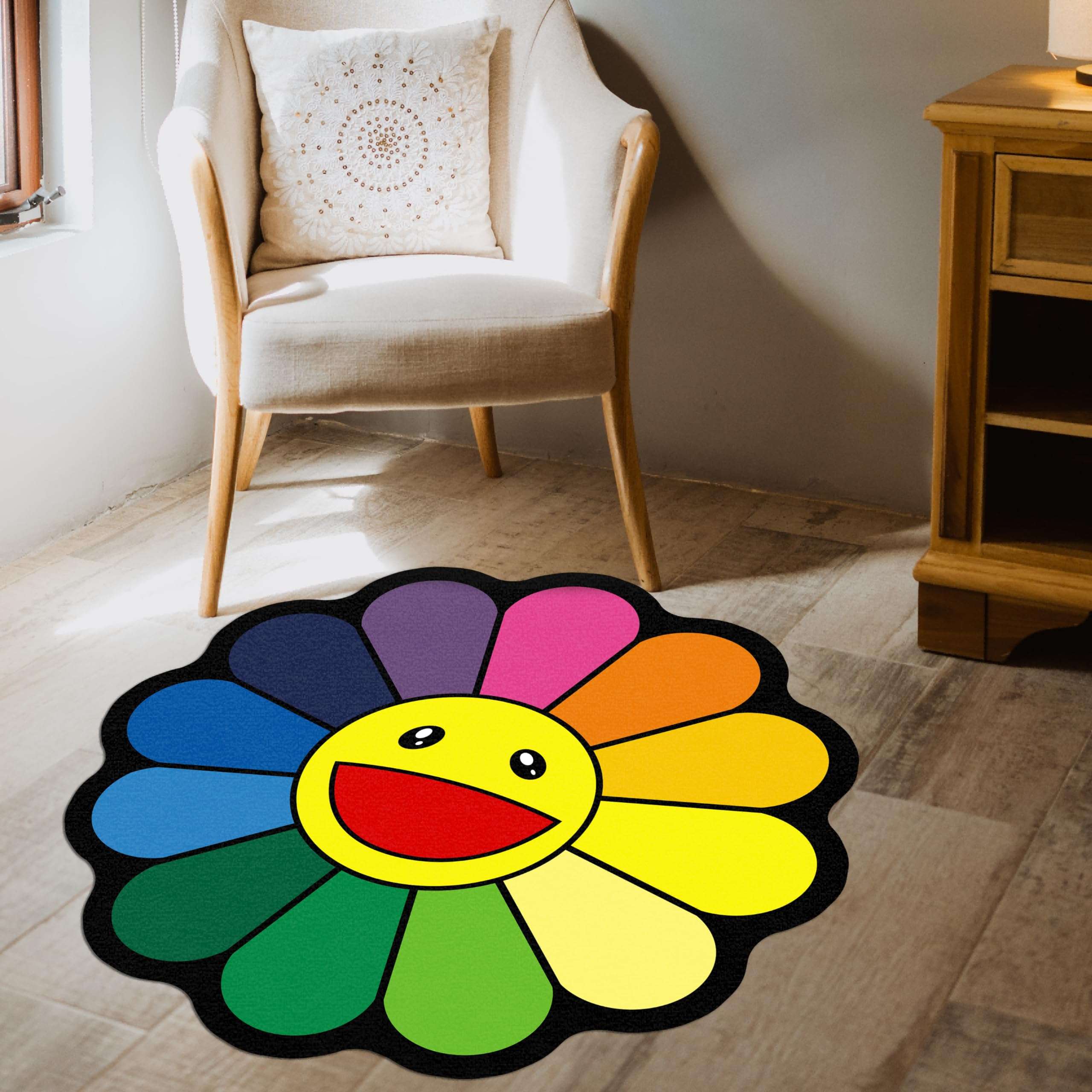 Takashi Murakami Sunflower Area Rug Colourful Special-Shaped Sunflower Floor Mat Modern Non-Slip Home Decor Carpet for Living Dining Room Bedroom 5Ft 3