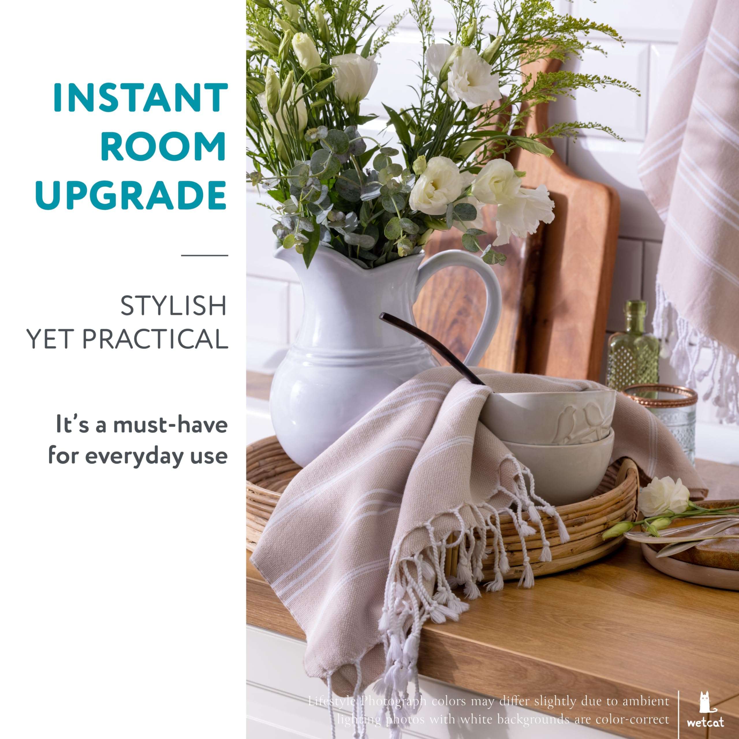 WETCAT Turkish Hand Towels with Hanging Loop (20 x 30) - Set of 2, 100% Cotton, Soft - Pre washed Boho Farmhouse Kitchen Towels - Unique Decorative Hand Towels for Bathroom (Teal & White) 2