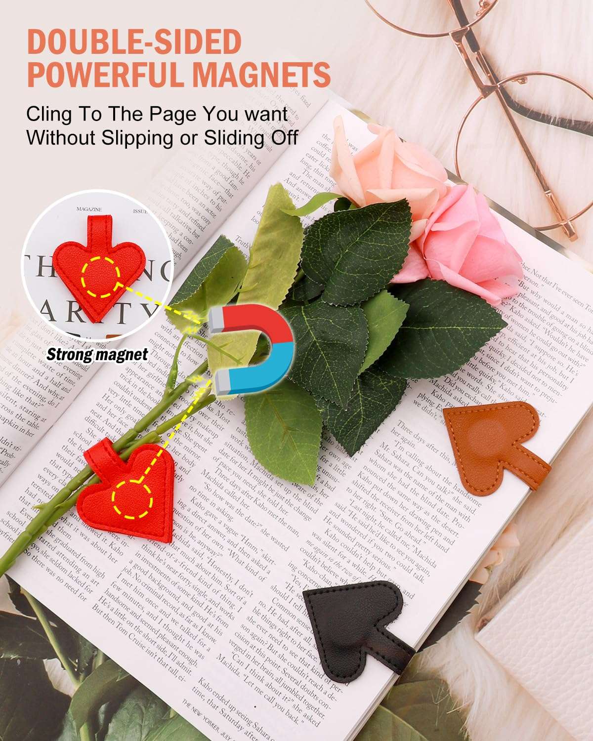 3Pcs Heart-Shaped Magnetic Leather Bookmarks - Romantic Heart Bookmarks, Faux Leather Book Mark with Double-Sided Magnets, Love Gifts for Women, Students, Reading Lovers (Red+Black+Brown) 5