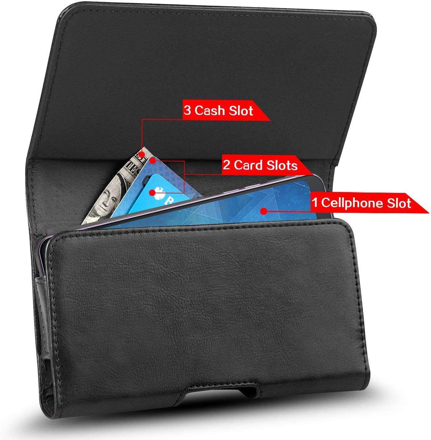 J&D Moto E5 Plus Holster, Moto E5 Supra Holster, PU Leather Holster Pouch Case with Belt Clip, Leather ID Wallet Case for Motorola Moto E5 Plus / Moto E5 Supra (Fit with Naked Phone or Slim Case On) 3