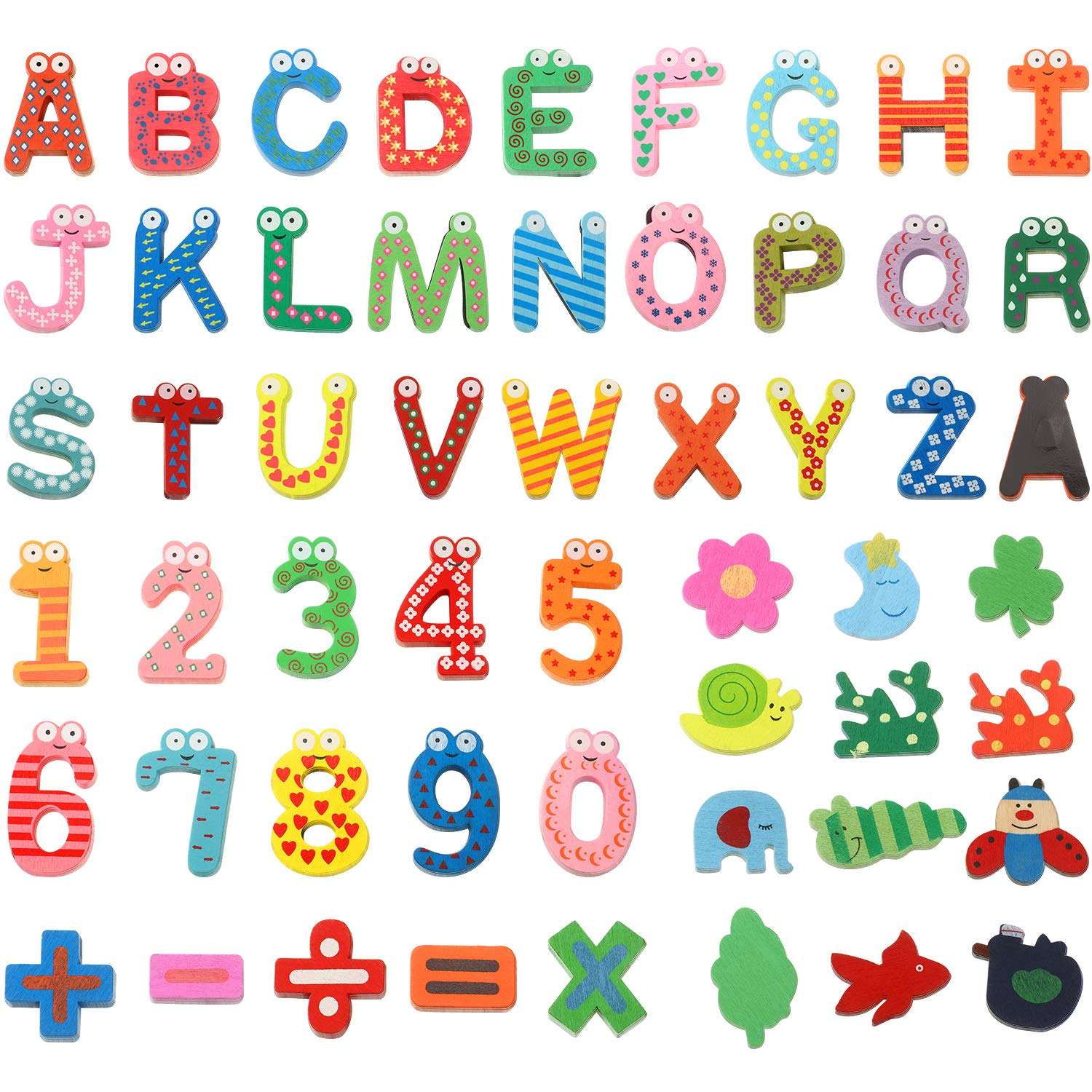 53 Pieces Magnetic Letters Fridge Wooden Alphabet Magnets Novelty Cartoon Animals Numbers Letters Refrigerator Magnets Wooden Fridge Magnet Letters Whiteboard Magnetic Stickers for Learning/Education 1