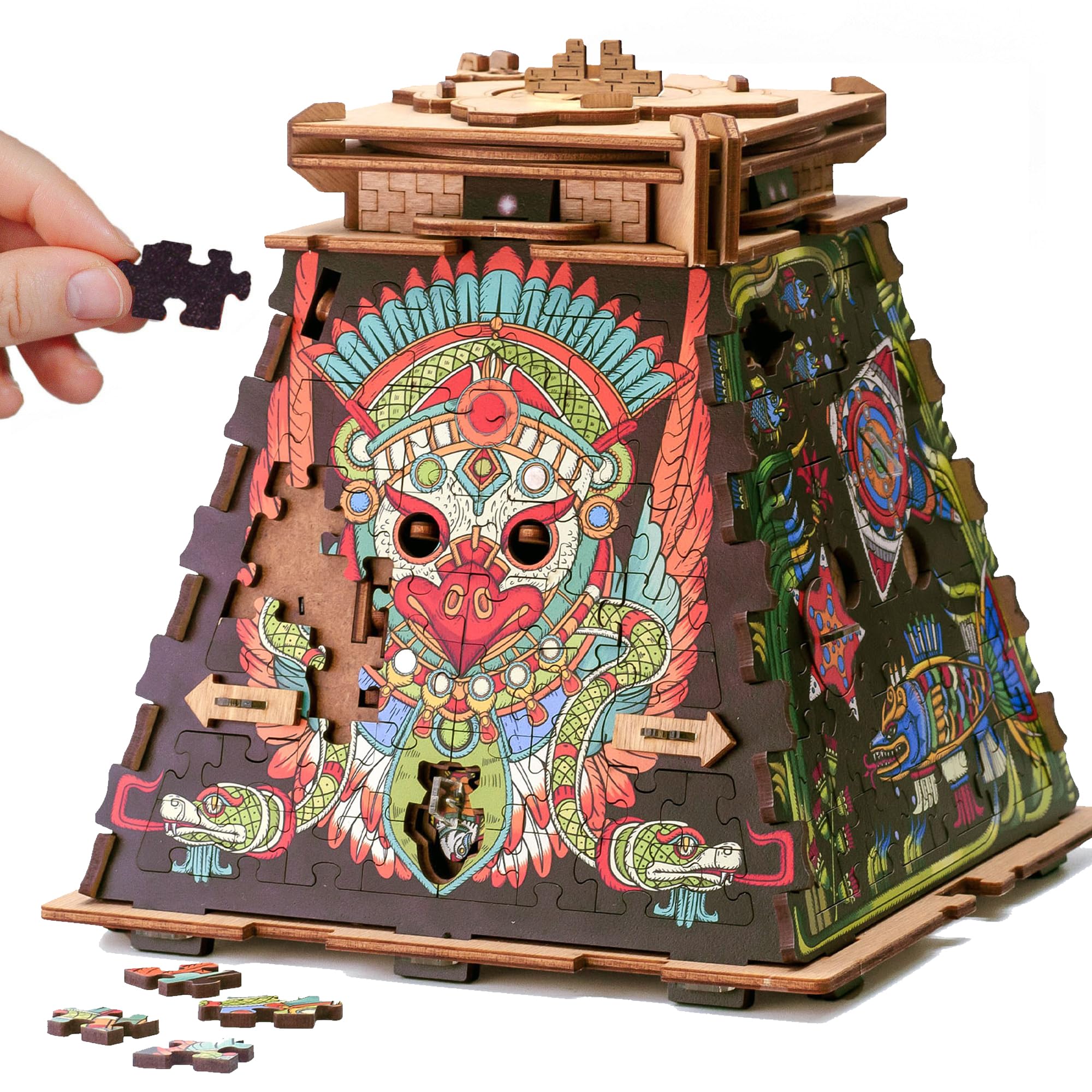 iDventure Cluepuzzle Pyramid of The Sun | Puzzle Box with Jigsaw Puzzle | Escape Room Game | Treasure Box | 3D Wooden Puzzle | Sequential Puzzles Puzzle Box Adults and 10+ | Money Gift Box