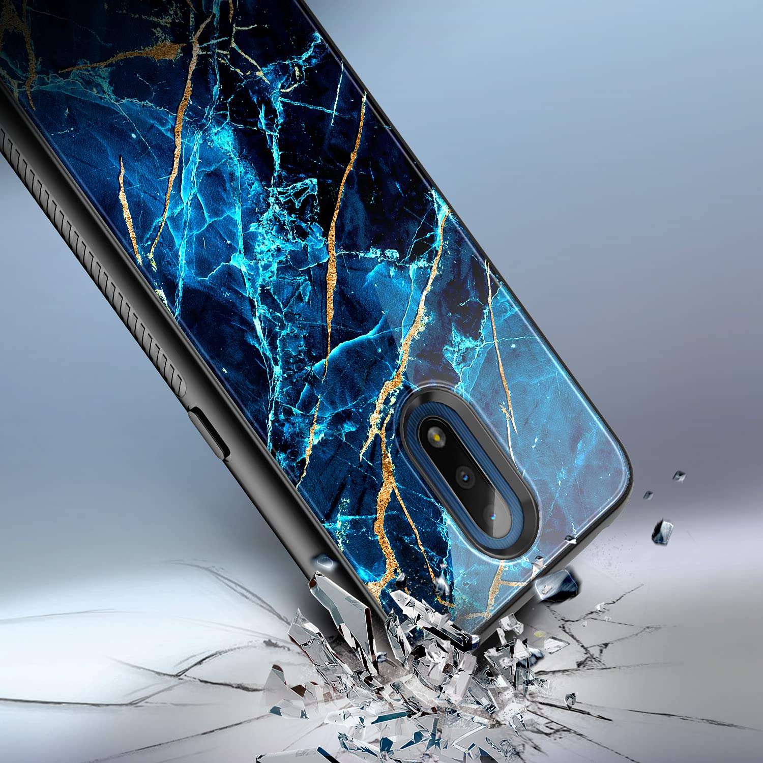 NZND Case for Nokia C2 Tava/Nokia C2 Tennen (Cricket Wireless) with Tempered Glass Screen Protector (Maximum Coverage), Hybrid Defender Protective Shockproof Durable Case -Marble Design Sapphire 5