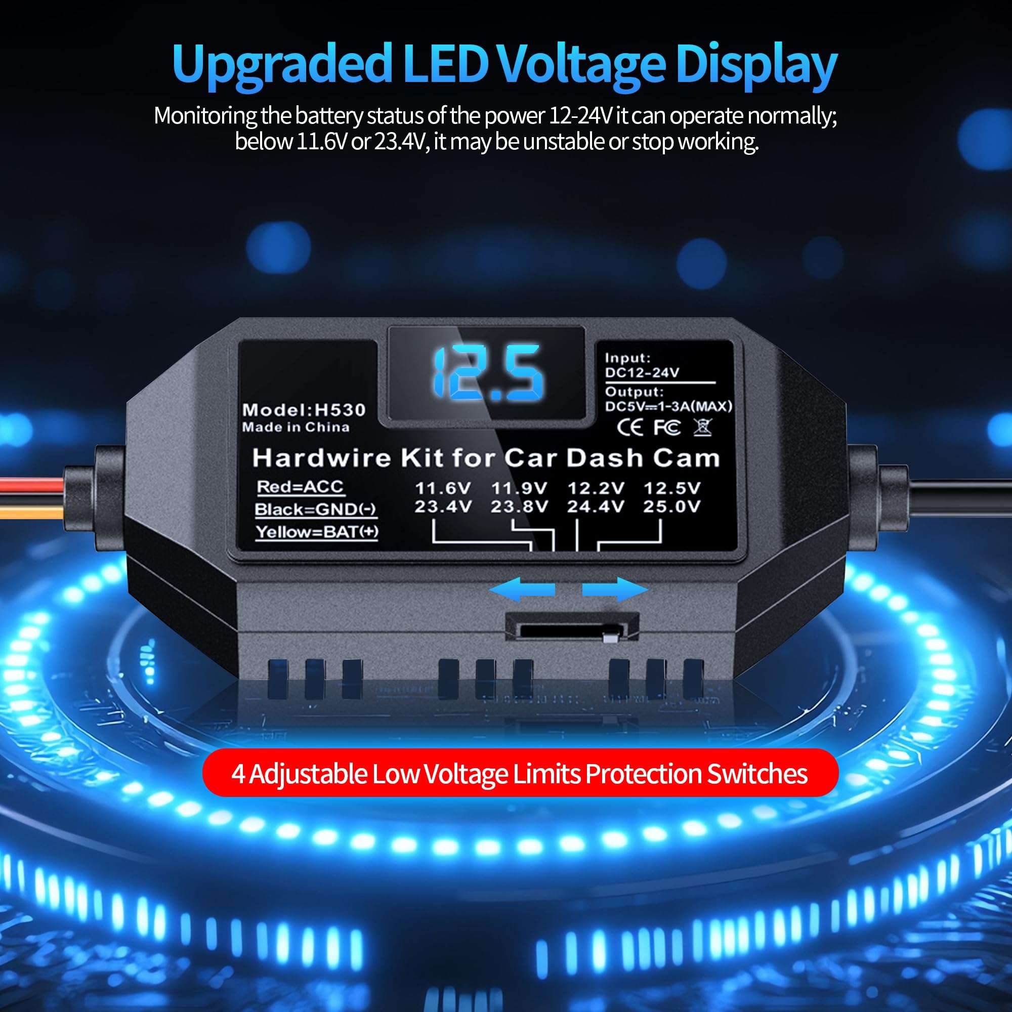 AUCARAUTO Universal Mini USB Dash Cam Acc Hardwire Kit with LED Voltmeter and Adjustable Low Voltage Protection, 11.5ft Multi-Size Hardwire Kit for Dash Camera 24H Parking Monitoring 4